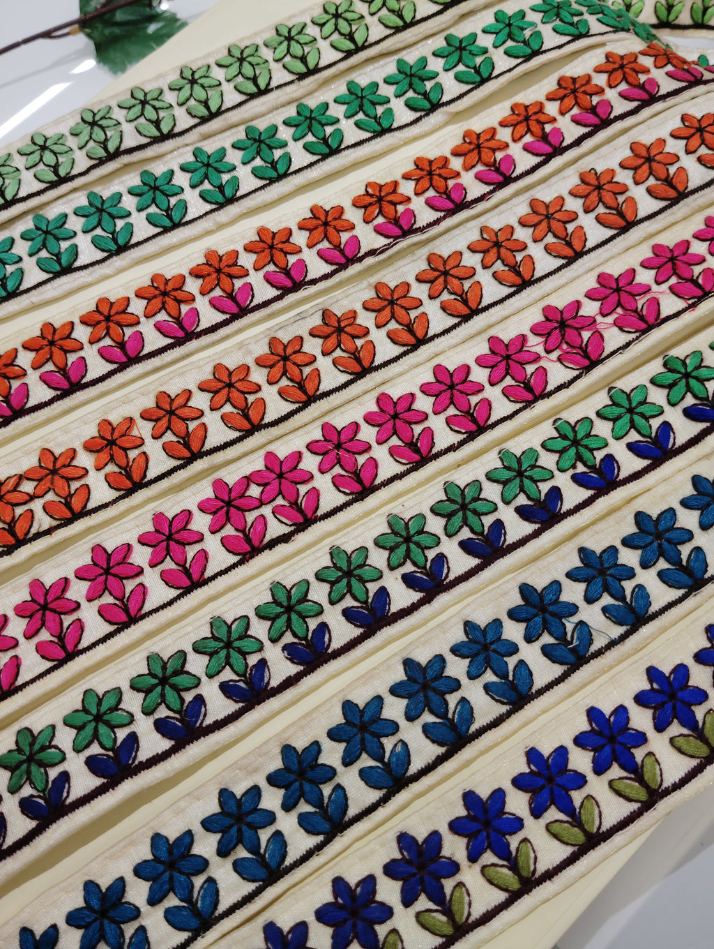 Hand-Embroidered Floral Textile Border