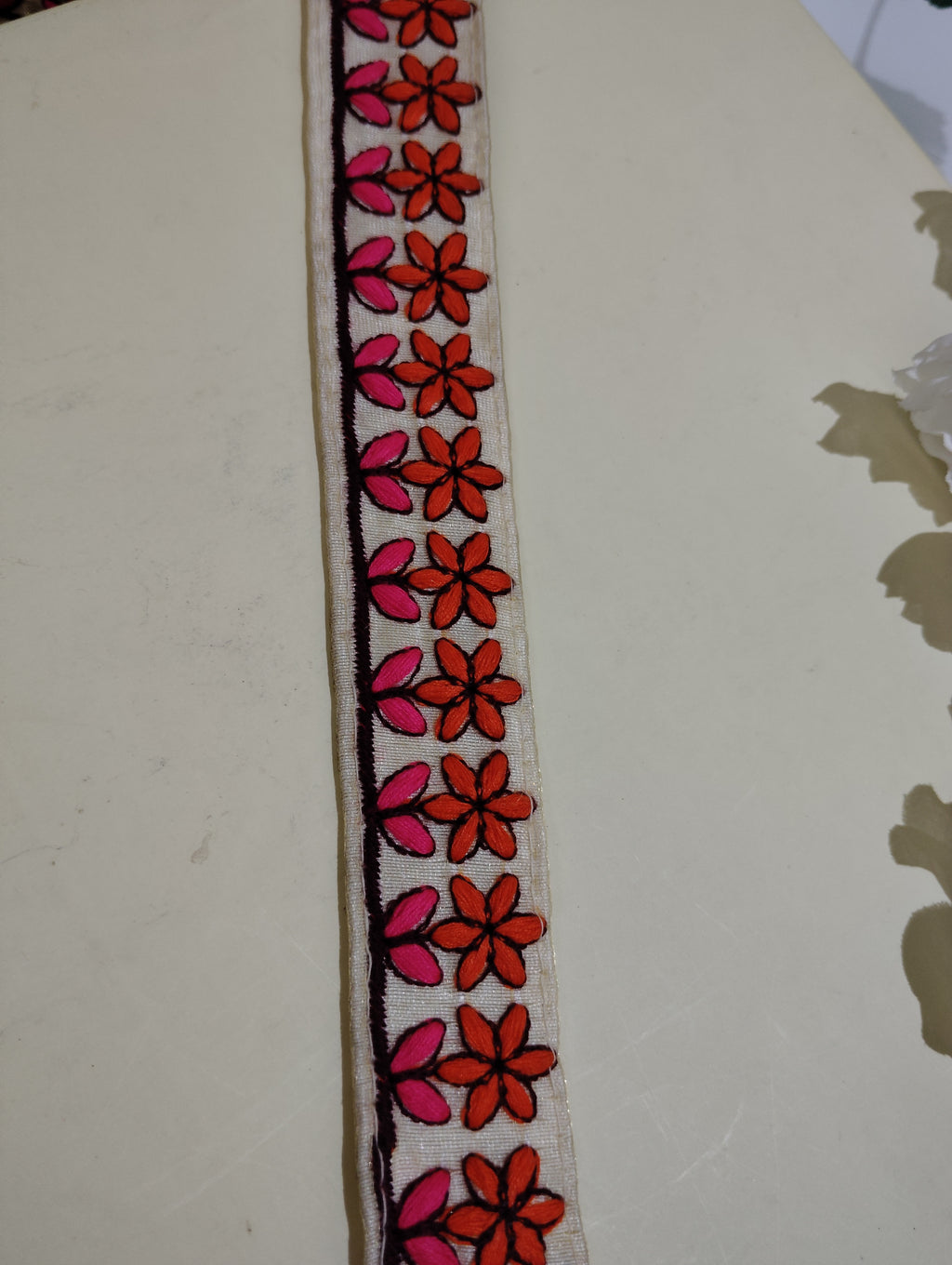 Hand-Embroidered Floral Textile Border