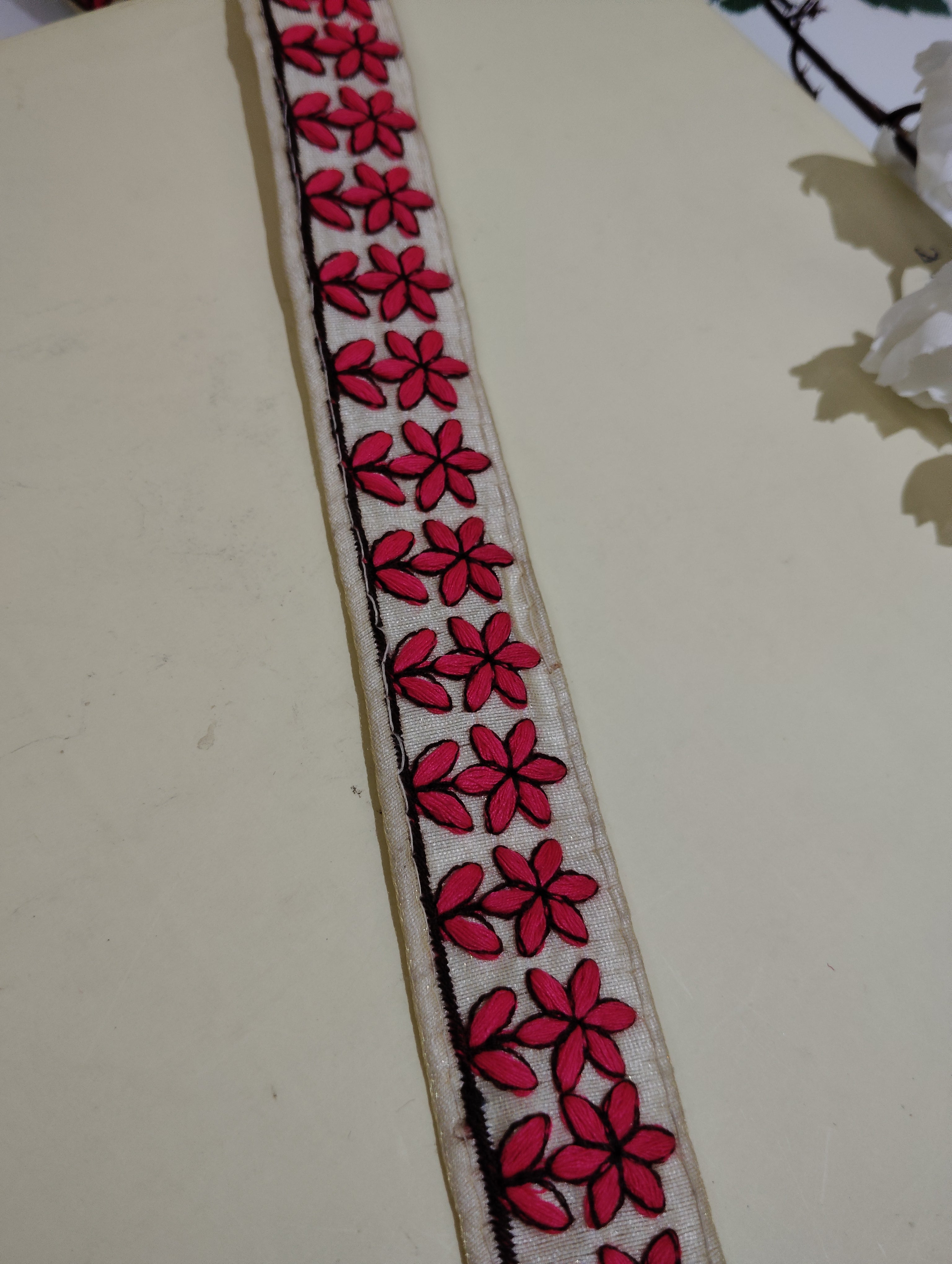 Hand-Embroidered Floral Textile Border