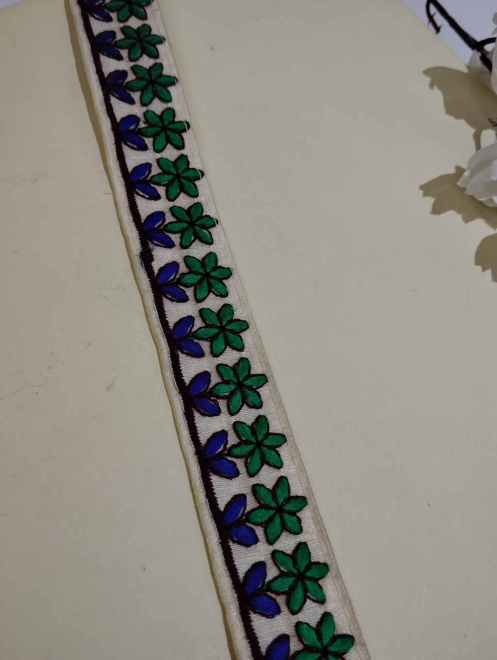 Hand-Embroidered Floral Textile Border