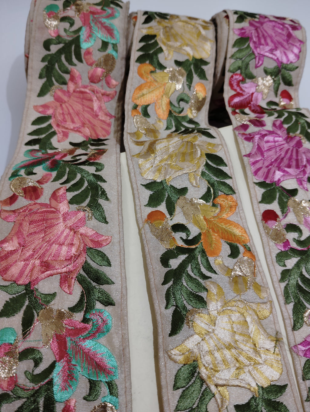 Handcrafted Multi-Color Floral Border with Intricate Thread Work