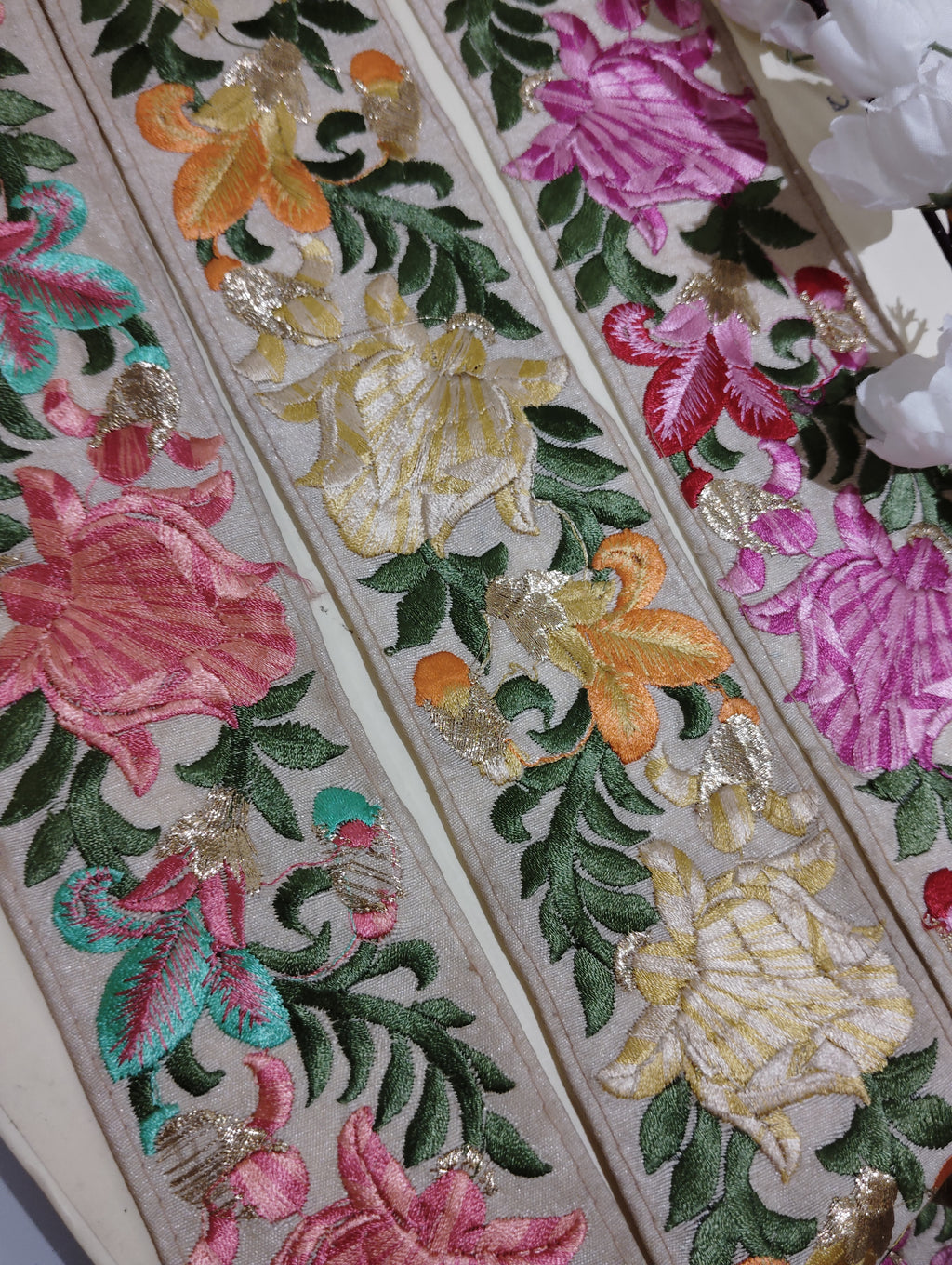 Handcrafted Multi-Color Floral Border with Intricate Thread Work