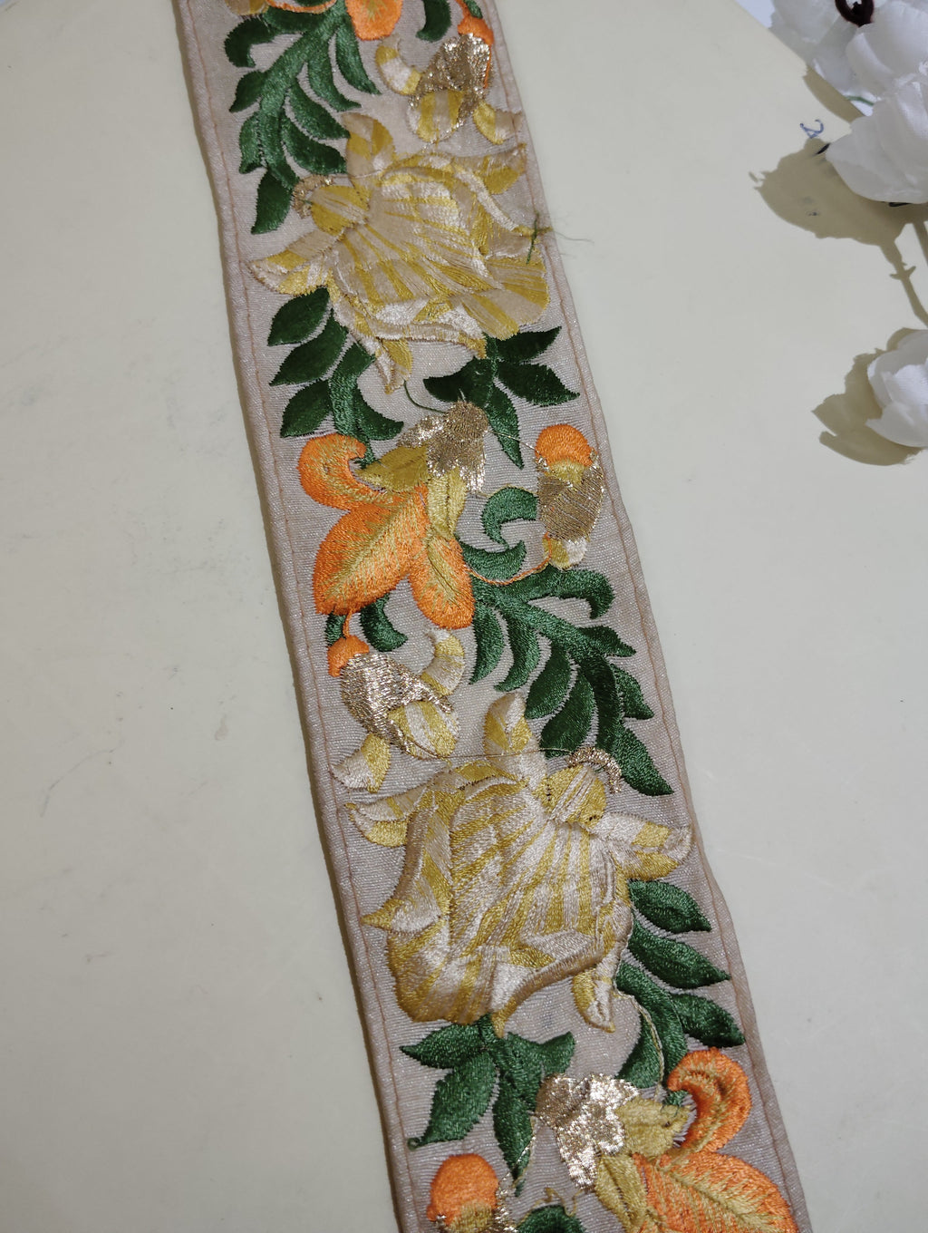 Handcrafted Multi-Color Floral Border with Intricate Thread Work