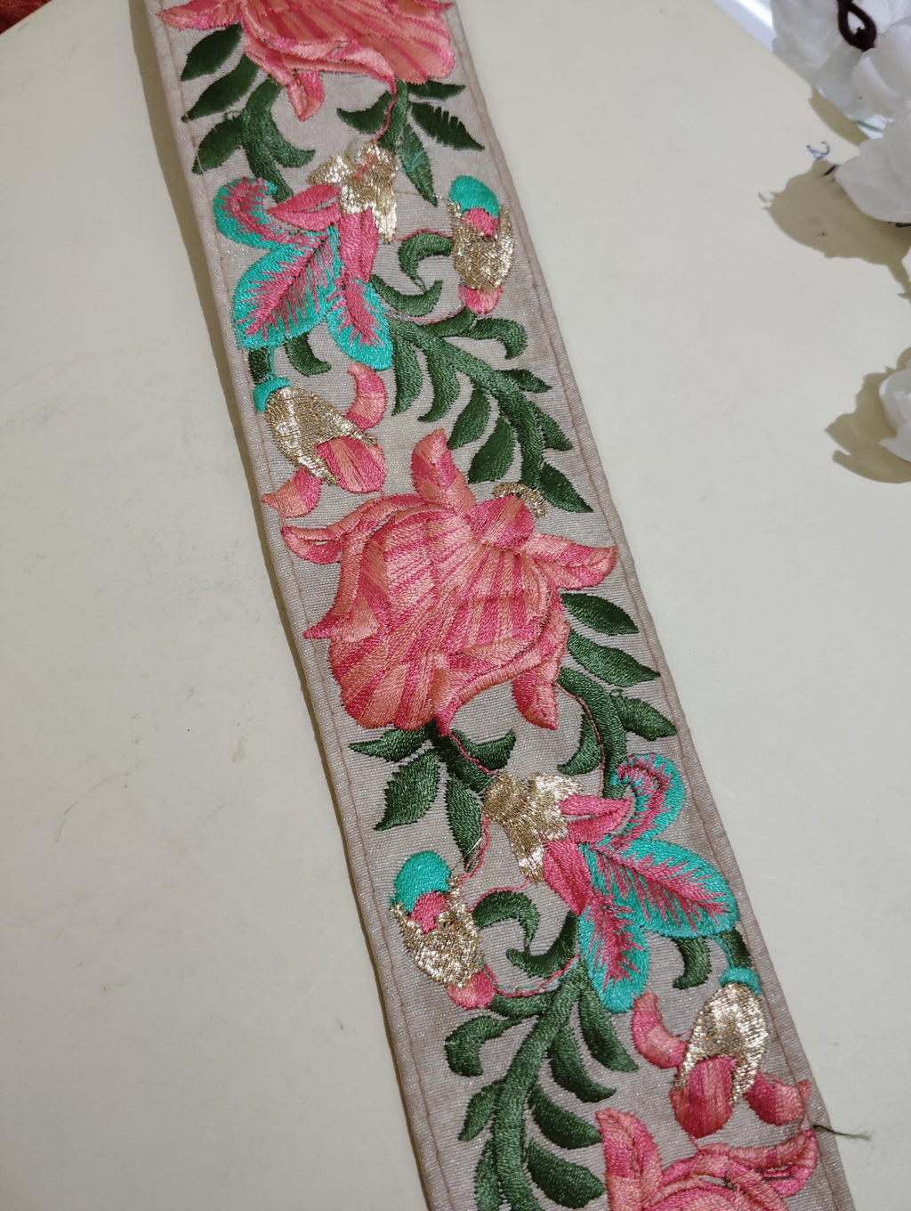 Handcrafted Multi-Color Floral Border with Intricate Thread Work