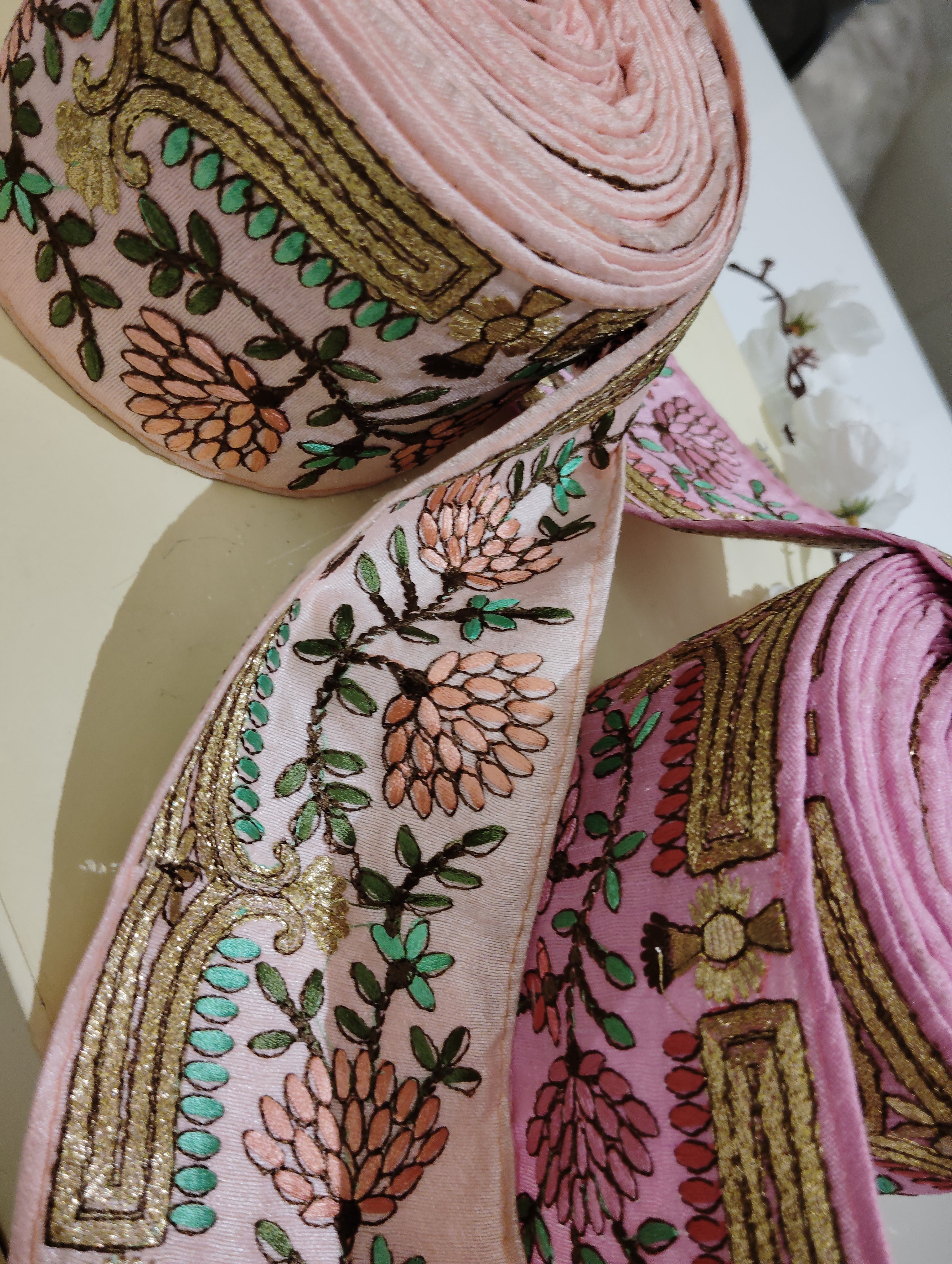 Hand-Embroidered Zardozi Floral Trim with Temple Arch Motif