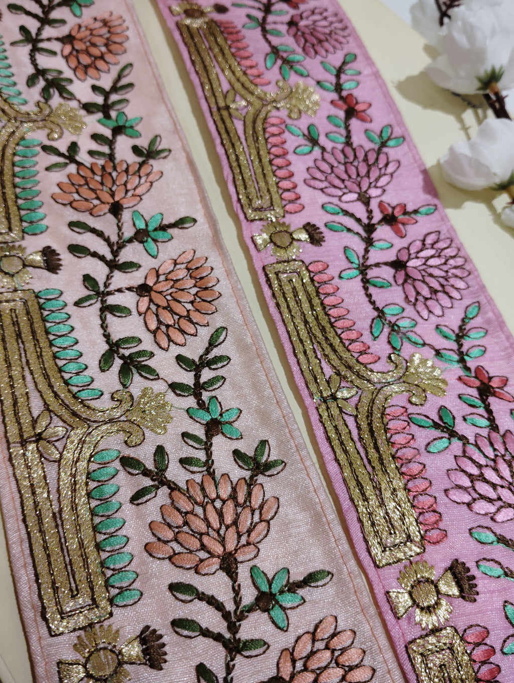 Hand-Embroidered Zardozi Floral Trim with Temple Arch Motif