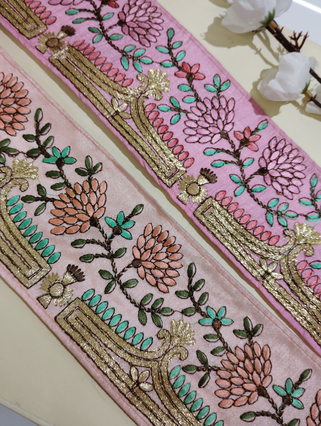 Hand-Embroidered Zardozi Floral Trim with Temple Arch Motif