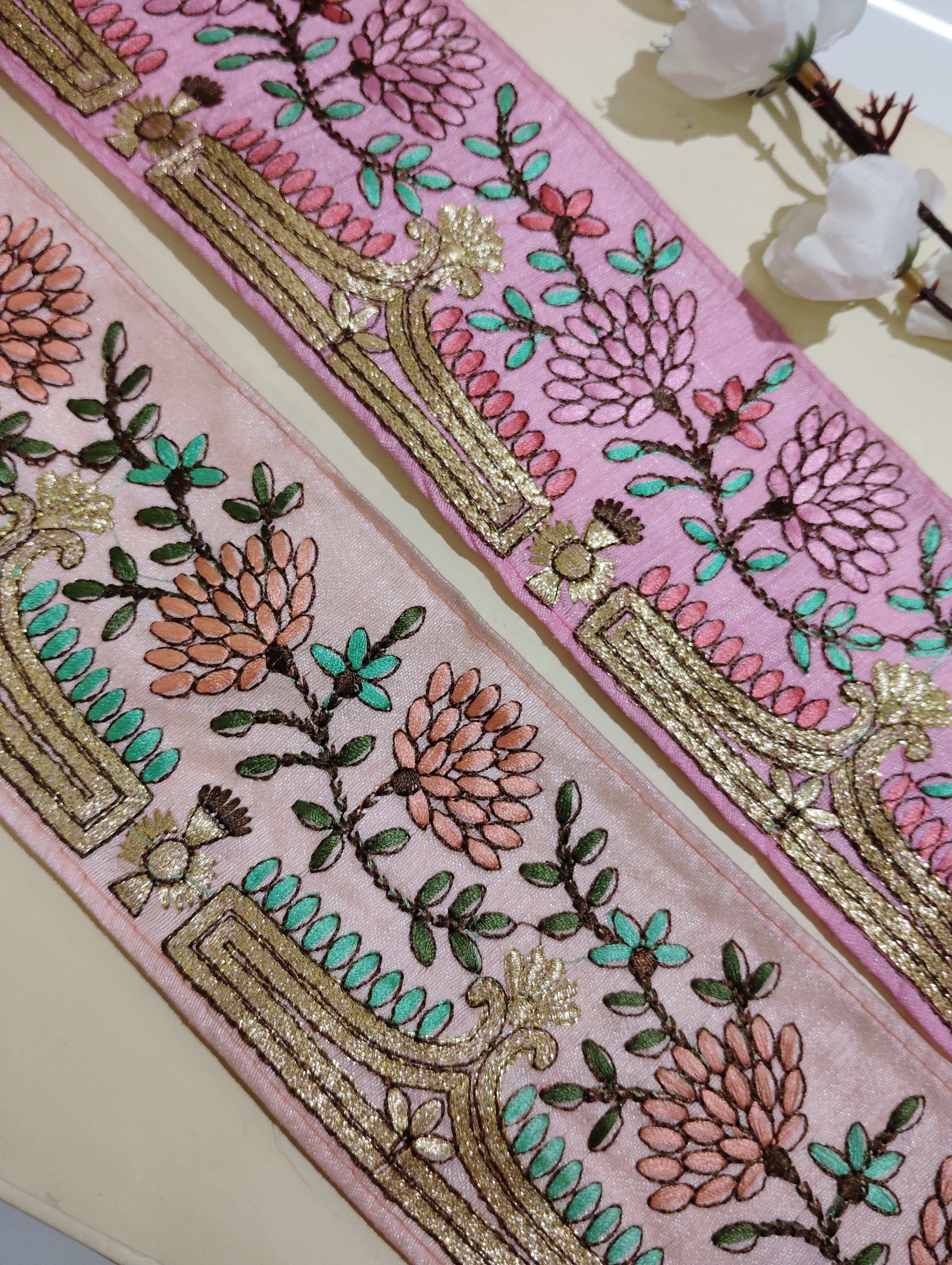 Hand-Embroidered Zardozi Floral Trim with Temple Arch Motif