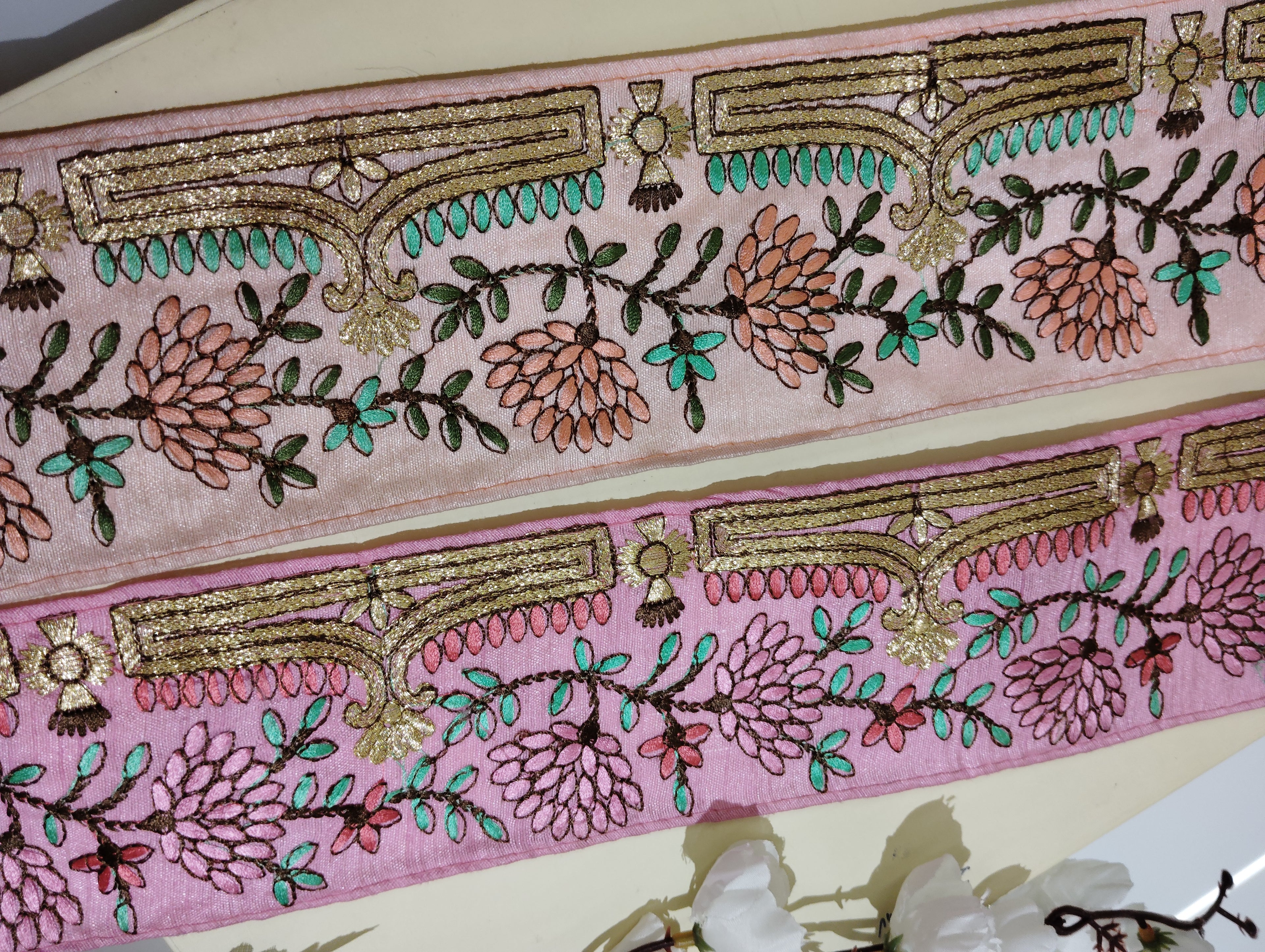Hand-Embroidered Zardozi Floral Trim with Temple Arch Motif