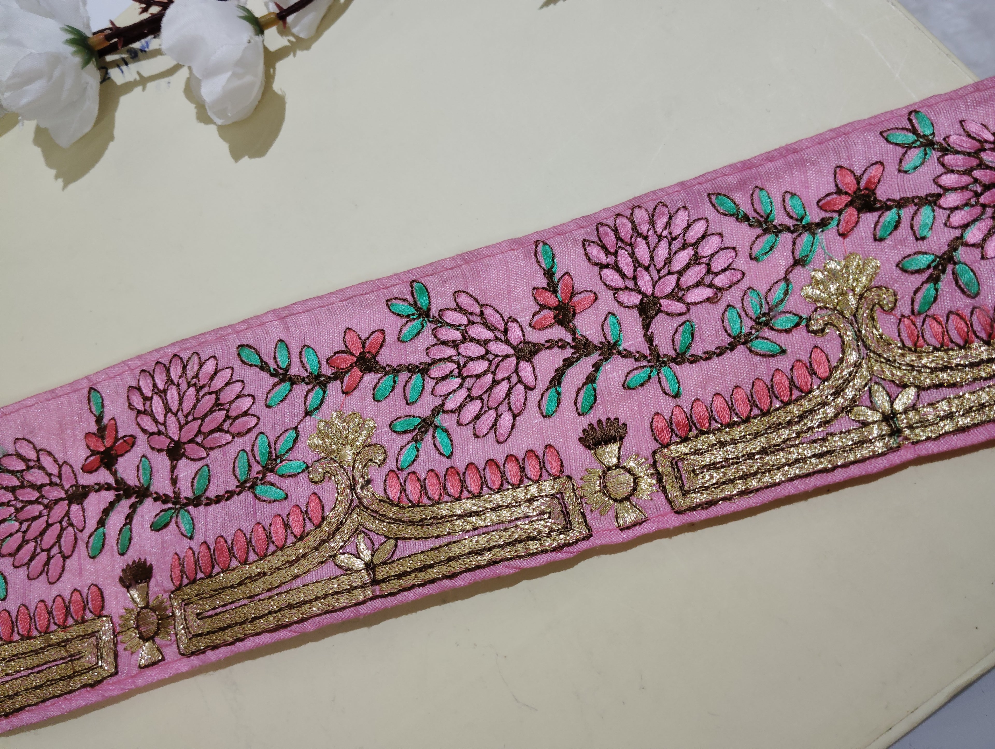 Hand-Embroidered Zardozi Floral Trim with Temple Arch Motif