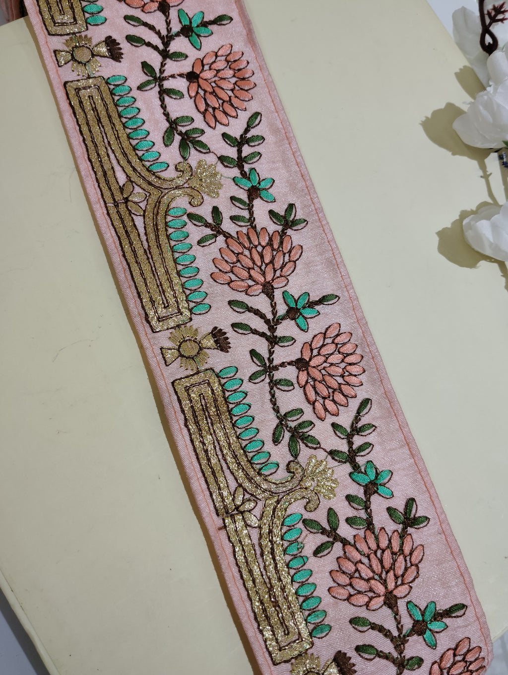 Hand-Embroidered Zardozi Floral Trim with Temple Arch Motif