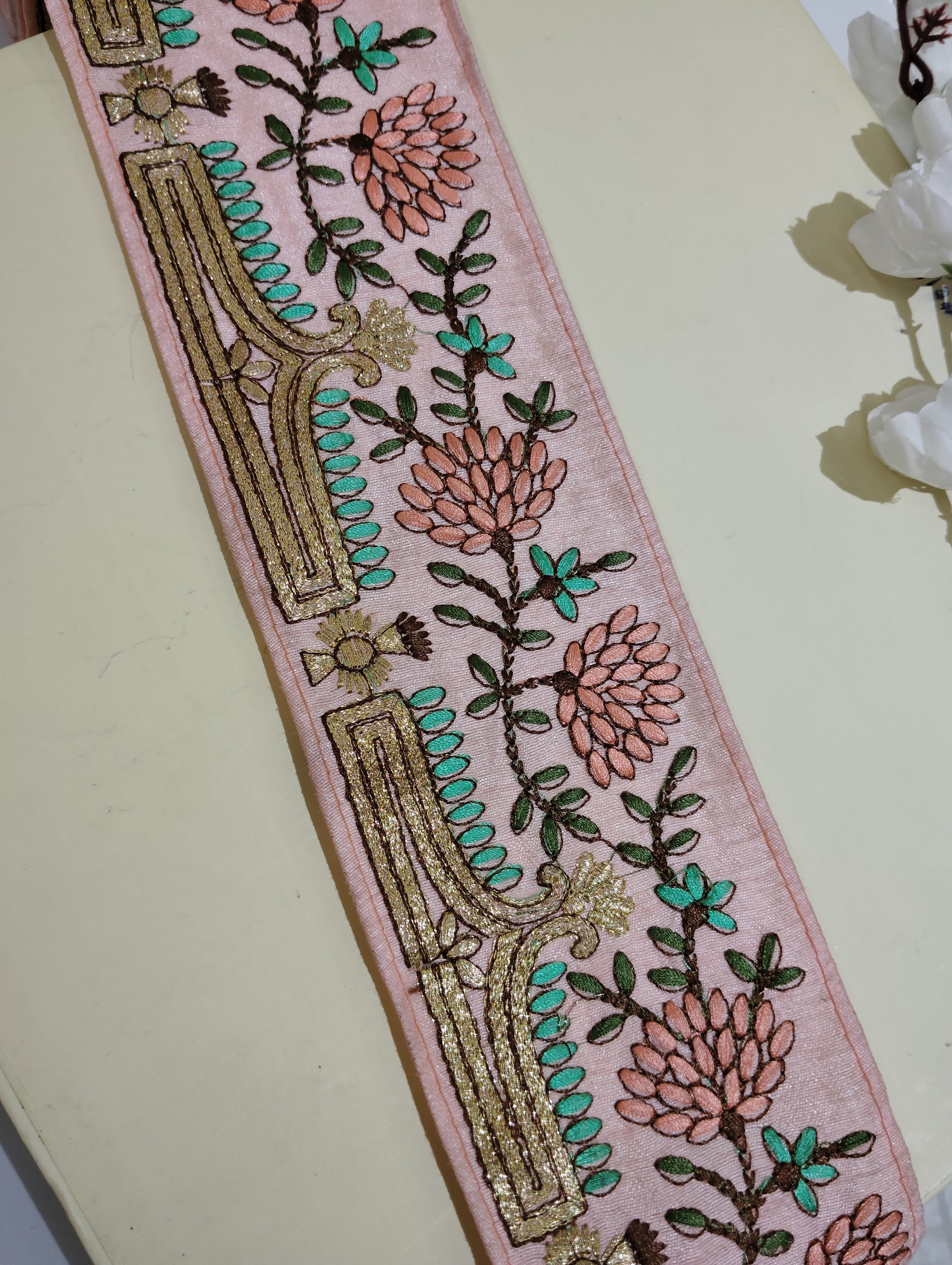 Hand-Embroidered Zardozi Floral Trim with Temple Arch Motif