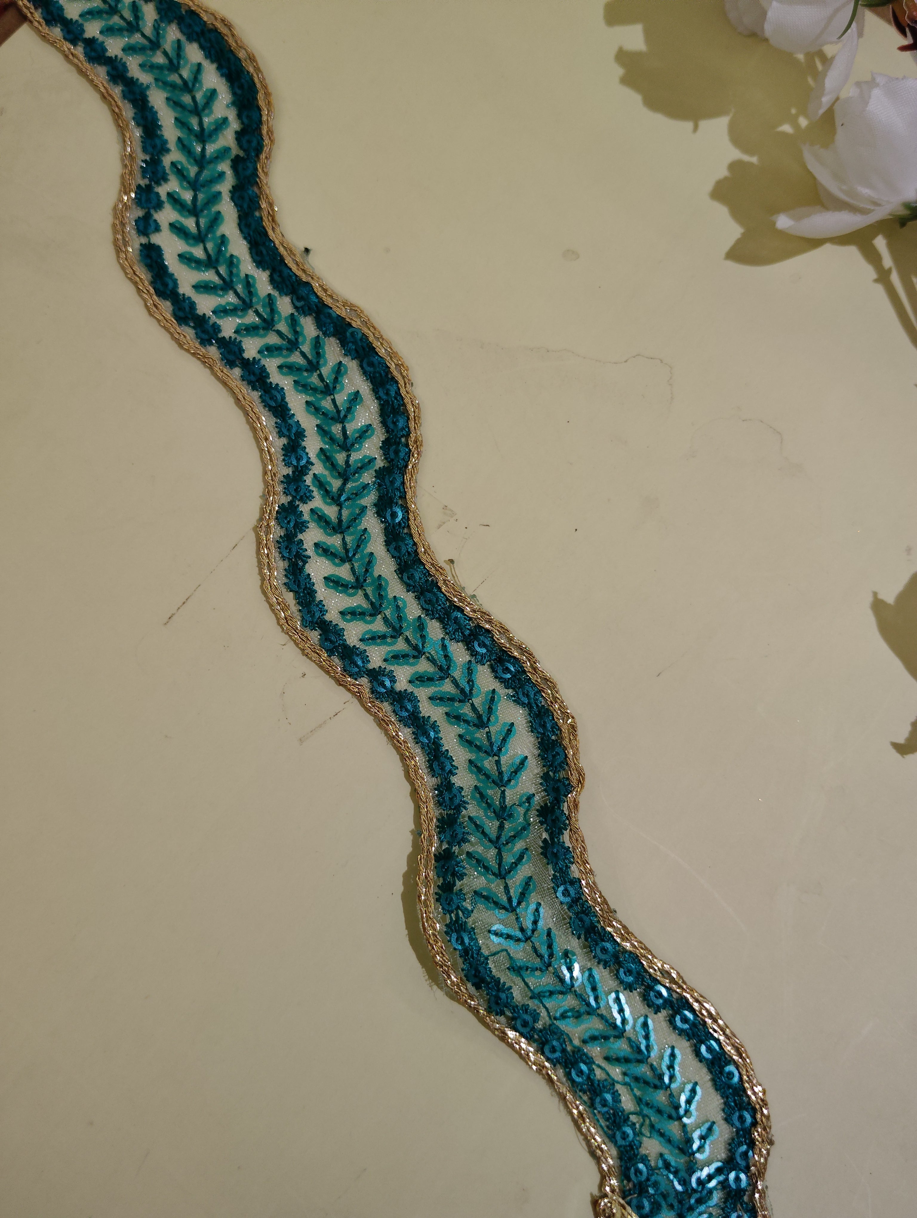 Metallic Gold Cord & Sequin Wave Lace