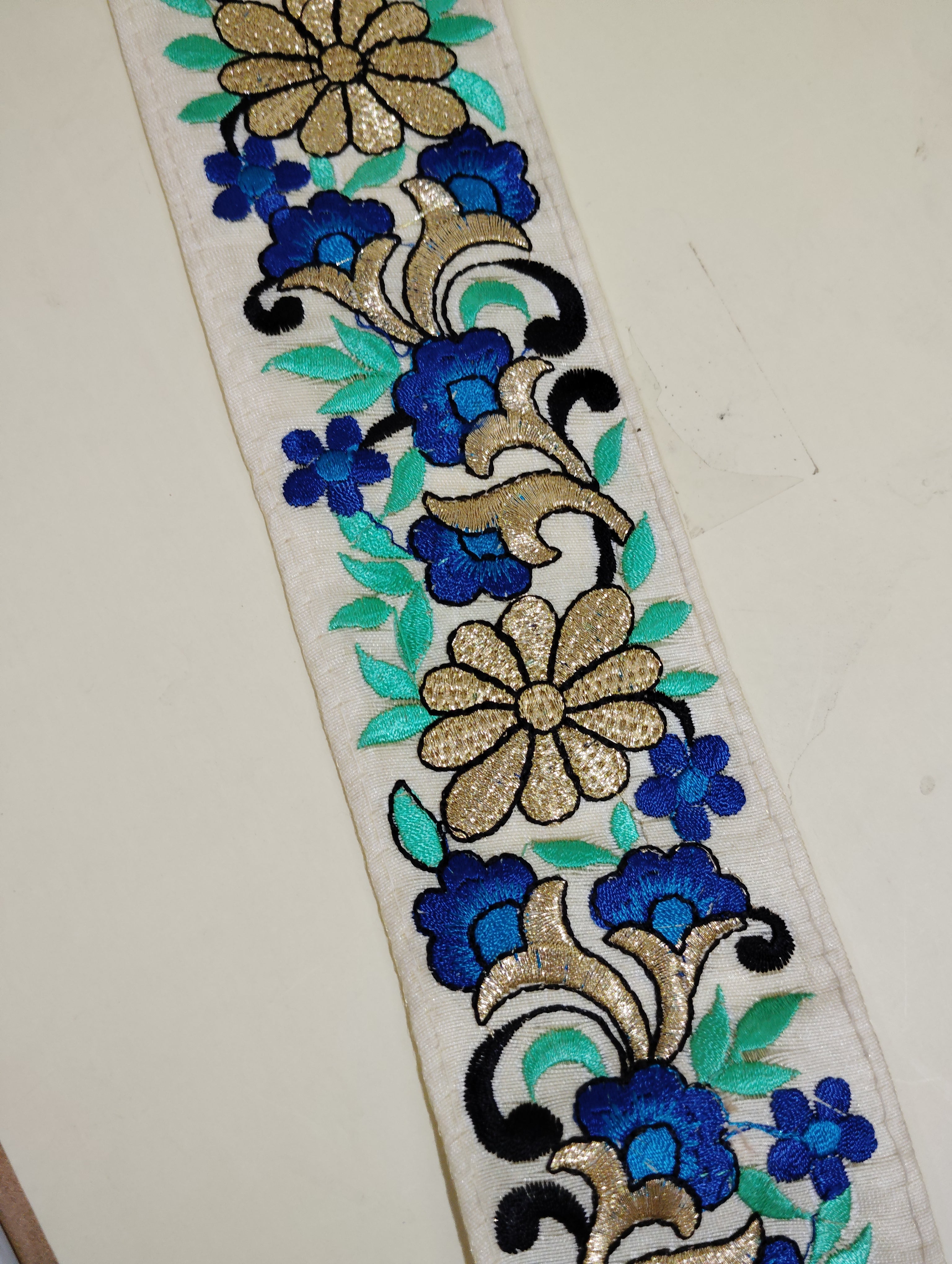 Elegant Floral Vine Silk Lace Trim with Gold Accents