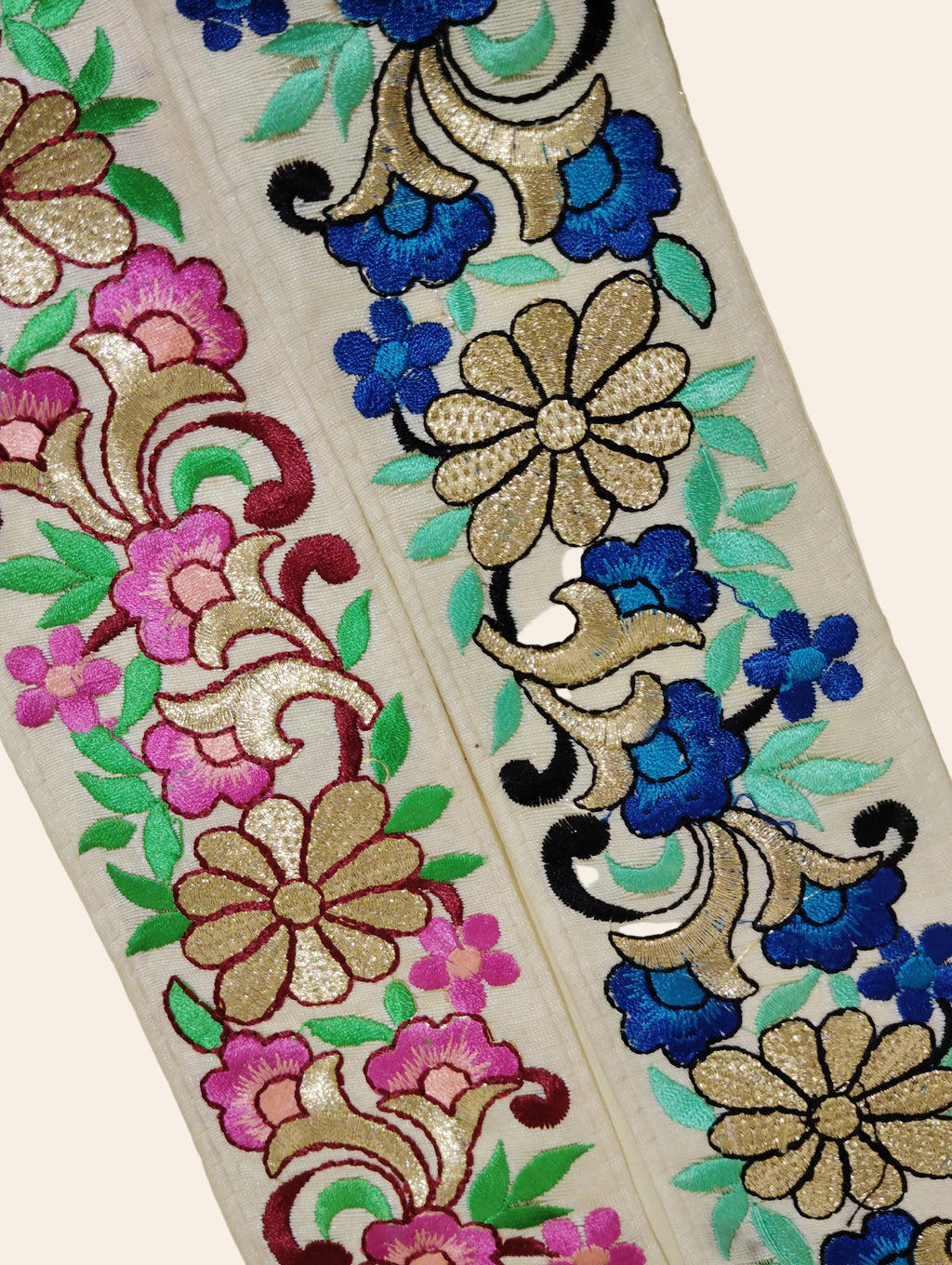 Elegant Floral Vine Silk Lace Trim with Gold Accents
