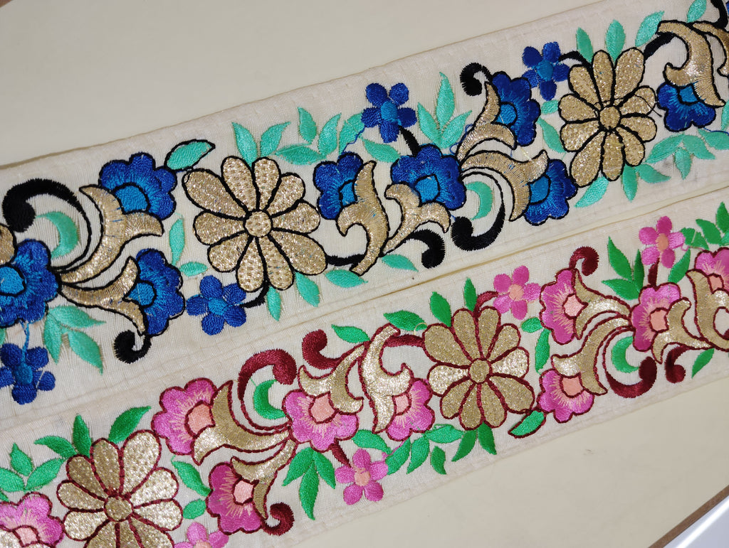 Elegant Floral Vine Silk Lace Trim with Gold Accents