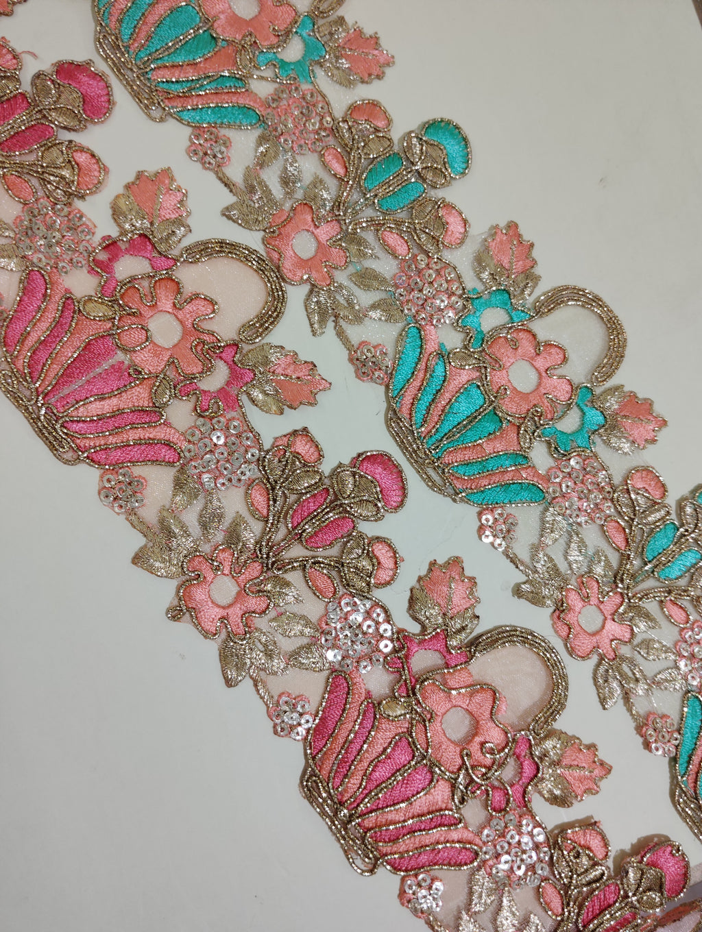 Exquisite Gold Zardozi Floral Lace Trim with Vibrant Silk Thread Work