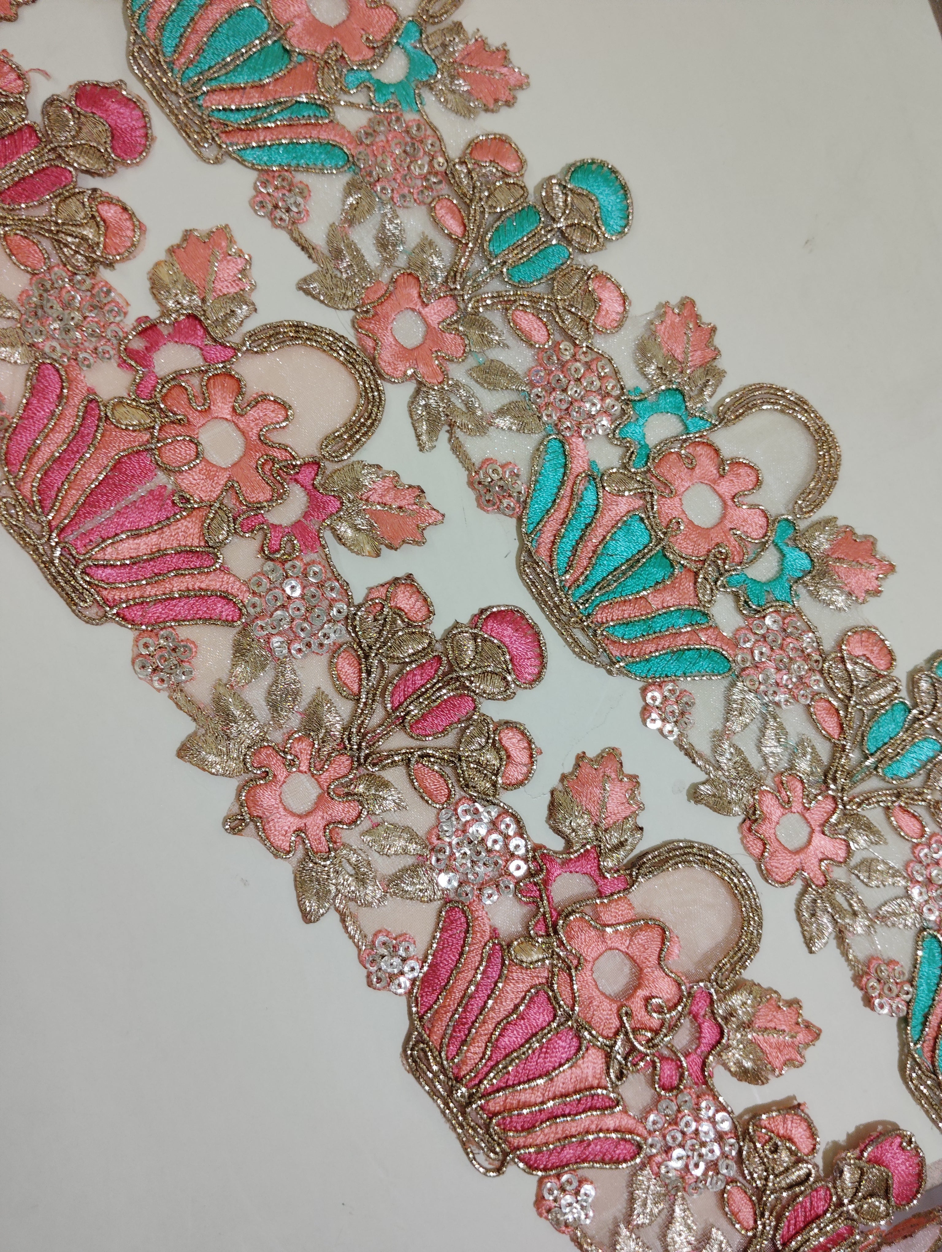 Exquisite Gold Zardozi Floral Lace Trim with Vibrant Silk Thread Work