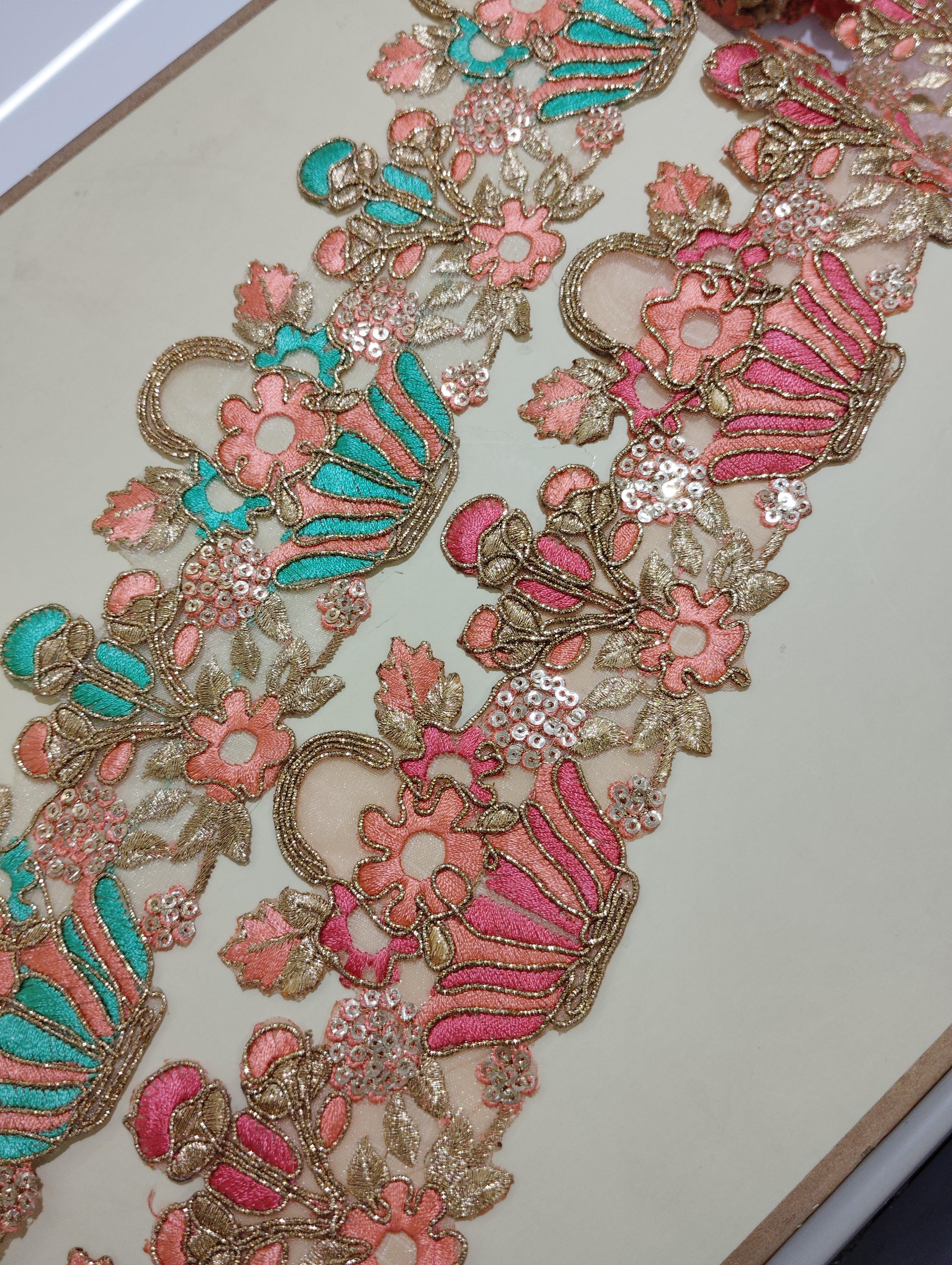 Exquisite Gold Zardozi Floral Lace Trim with Vibrant Silk Thread Work