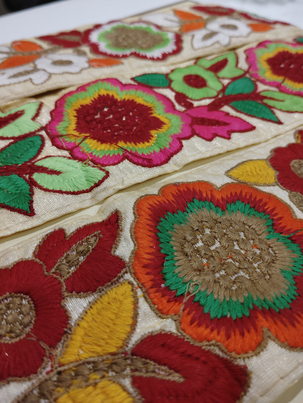 Vibrant Multi-Color Floral Embroidered Lace Trim – Boho Ethnic Fabric Border