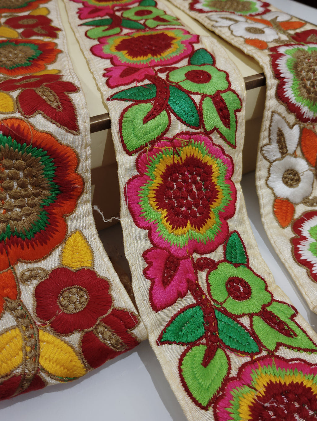 Vibrant Multi-Color Floral Embroidered Lace Trim – Boho Ethnic Fabric Border