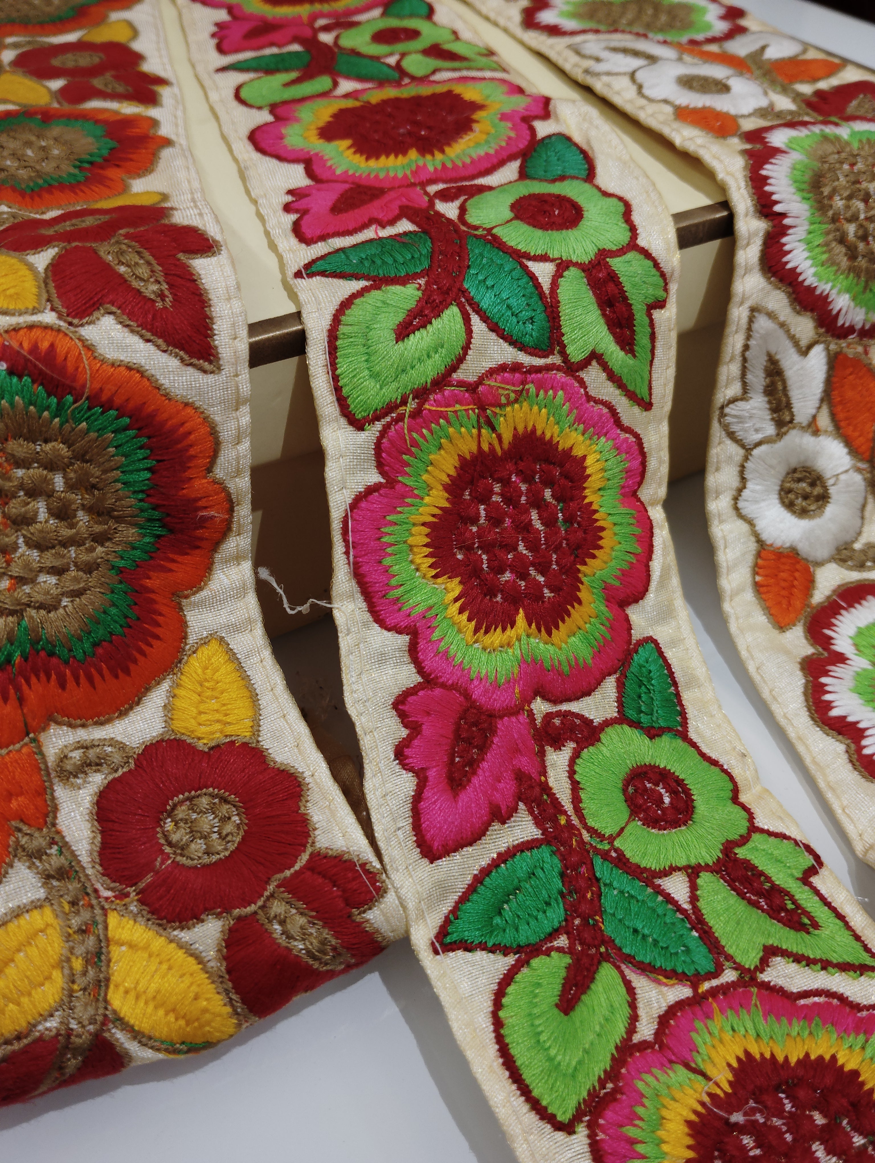 Vibrant Multi-Color Floral Embroidered Lace Trim – Boho Ethnic Fabric Border