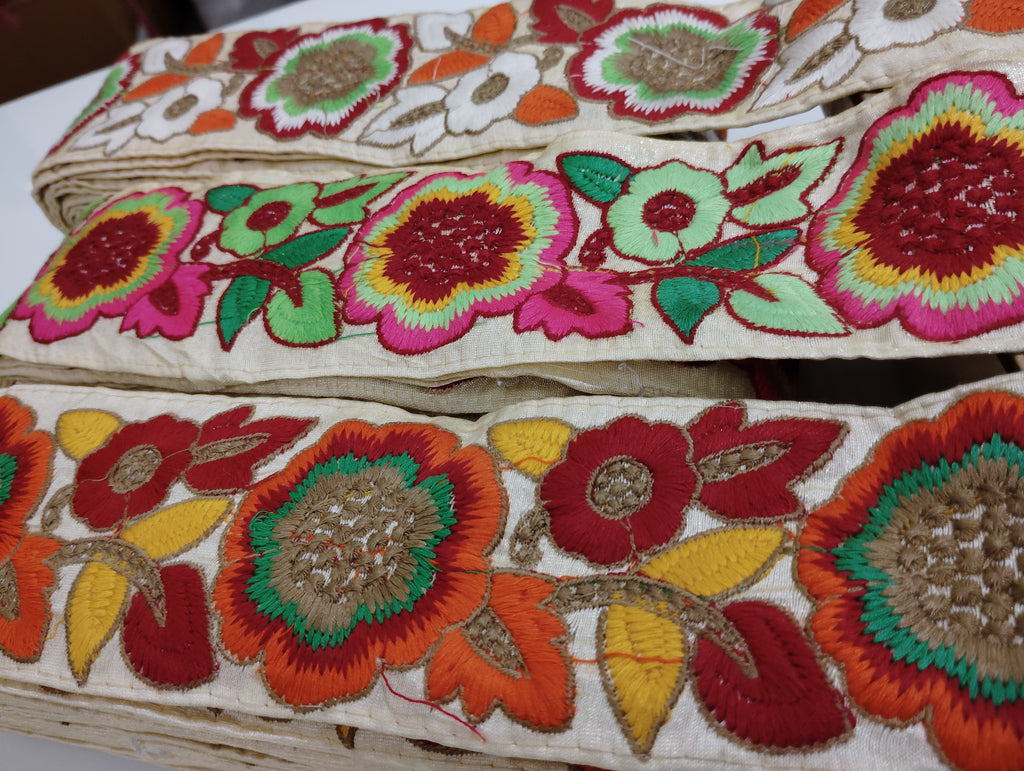Vibrant Multi-Color Floral Embroidered Lace Trim – Boho Ethnic Fabric Border