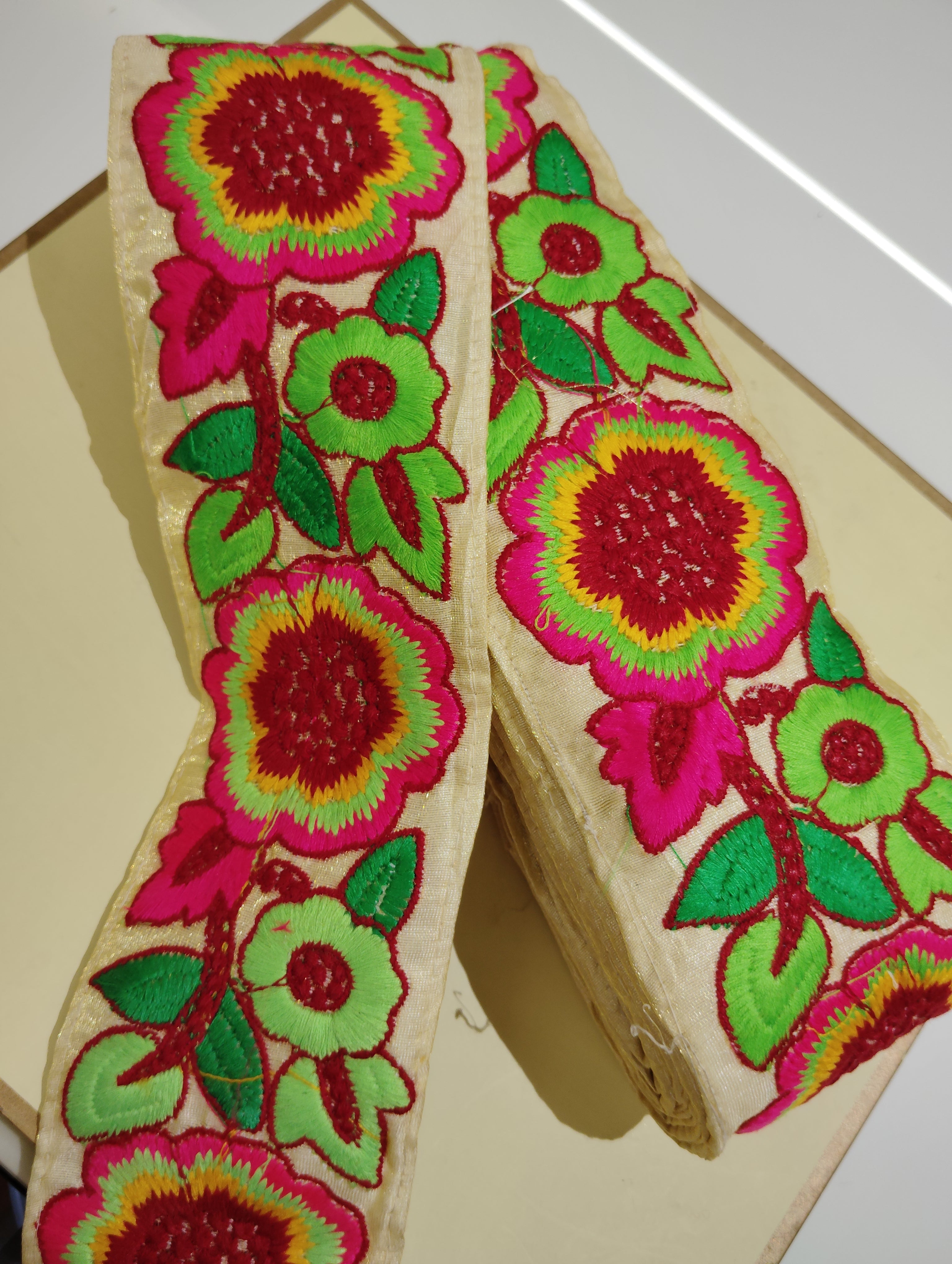 Vibrant Multi-Color Floral Embroidered Lace Trim – Boho Ethnic Fabric Border