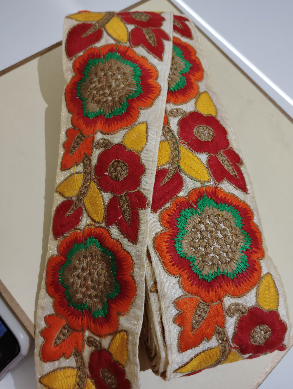 Vibrant Multi-Color Floral Embroidered Lace Trim – Boho Ethnic Fabric Border