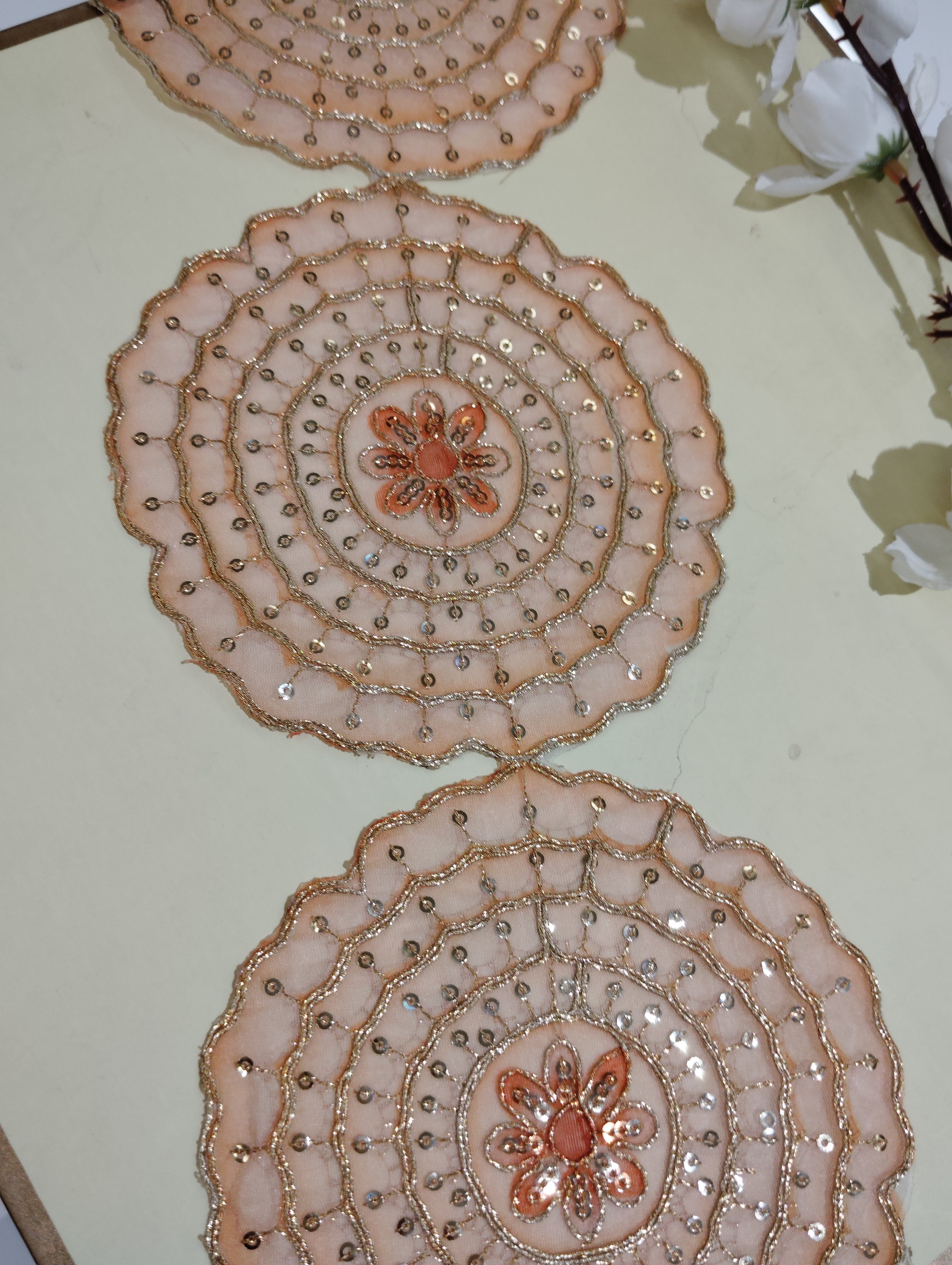 Premium Embroidered Sequin Scalloped Lace Trim with Floral Mandala Motifs