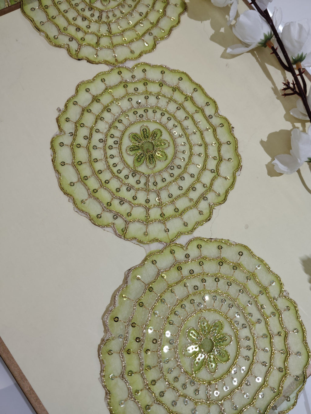 Premium Embroidered Sequin Scalloped Lace Trim with Floral Mandala Motifs