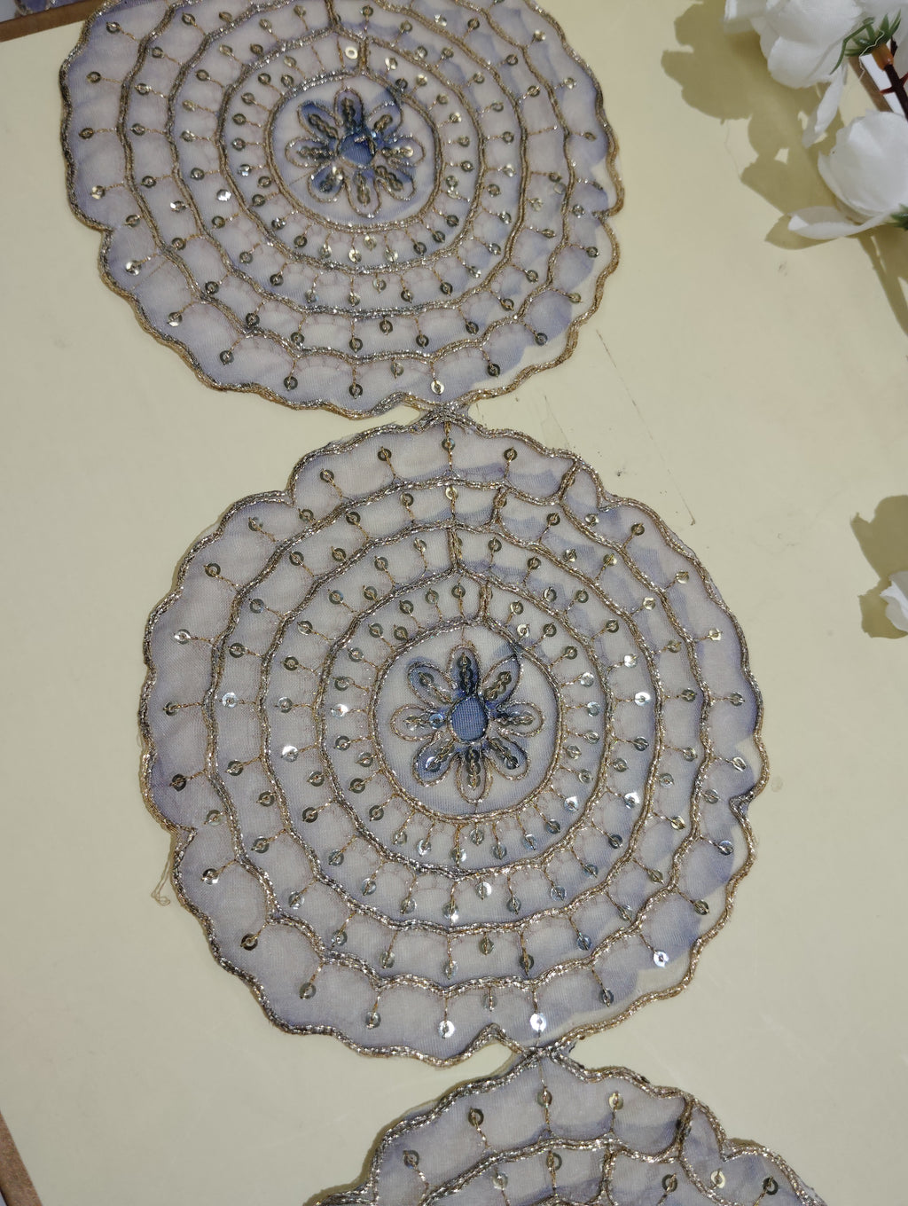 Premium Embroidered Sequin Scalloped Lace Trim with Floral Mandala Motifs
