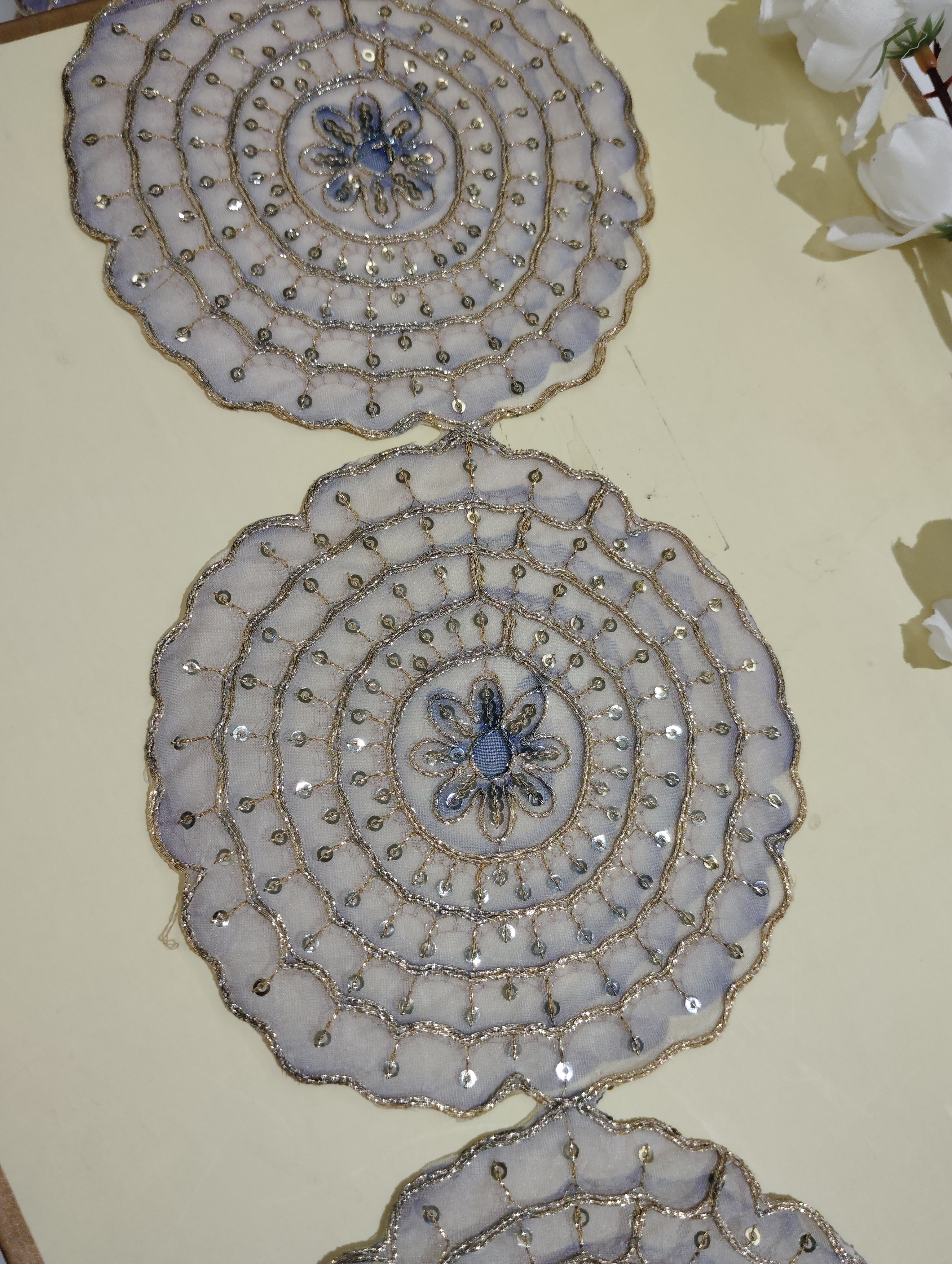 Premium Embroidered Sequin Scalloped Lace Trim with Floral Mandala Motifs
