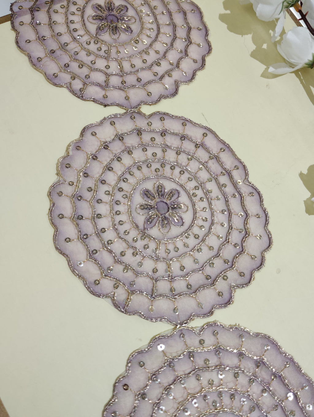 Premium Embroidered Sequin Scalloped Lace Trim with Floral Mandala Motifs