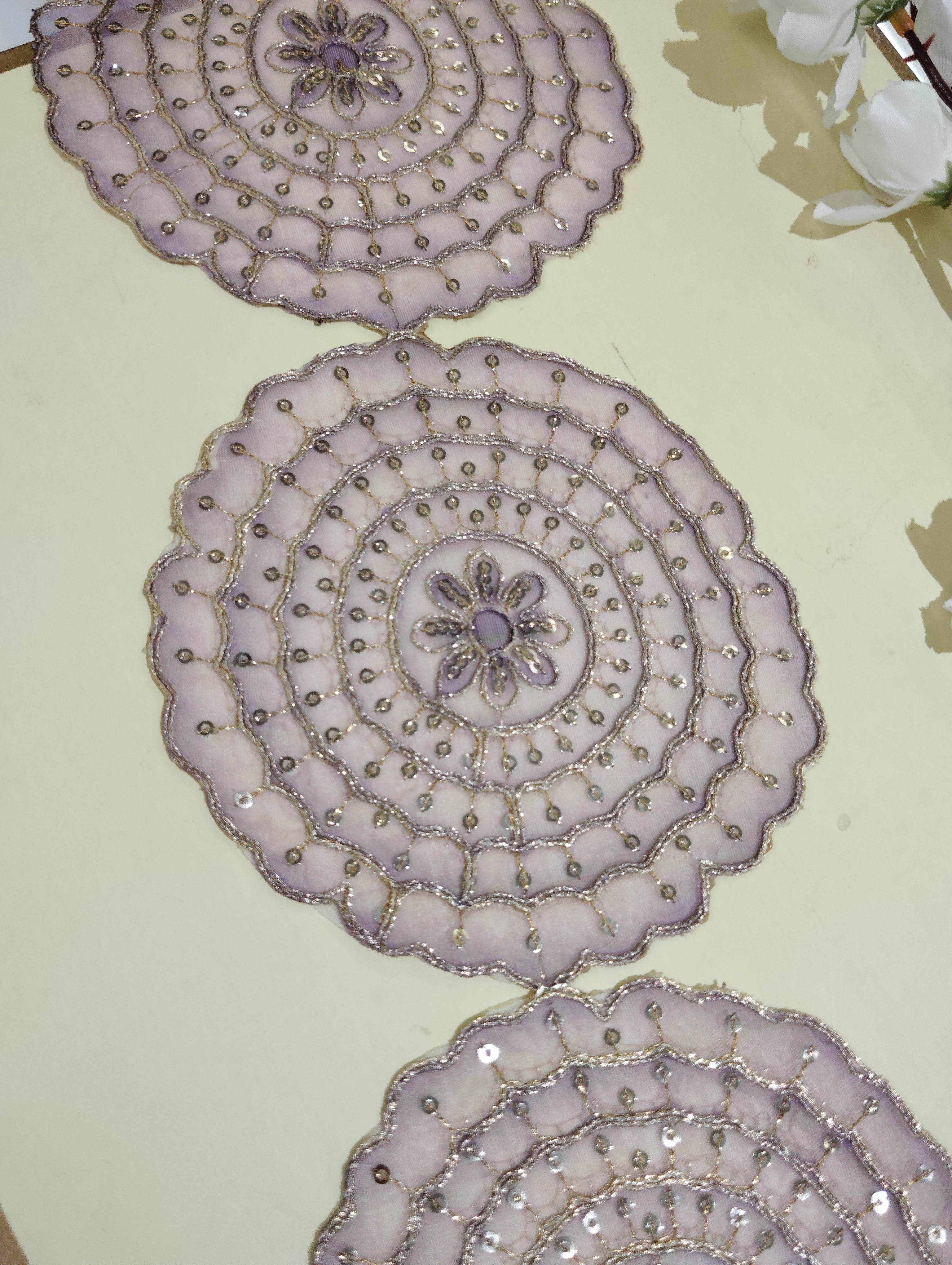Premium Embroidered Sequin Scalloped Lace Trim with Floral Mandala Motifs