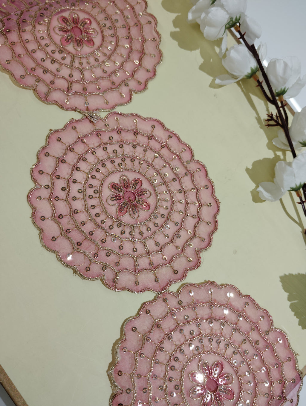 Premium Embroidered Sequin Scalloped Lace Trim with Floral Mandala Motifs