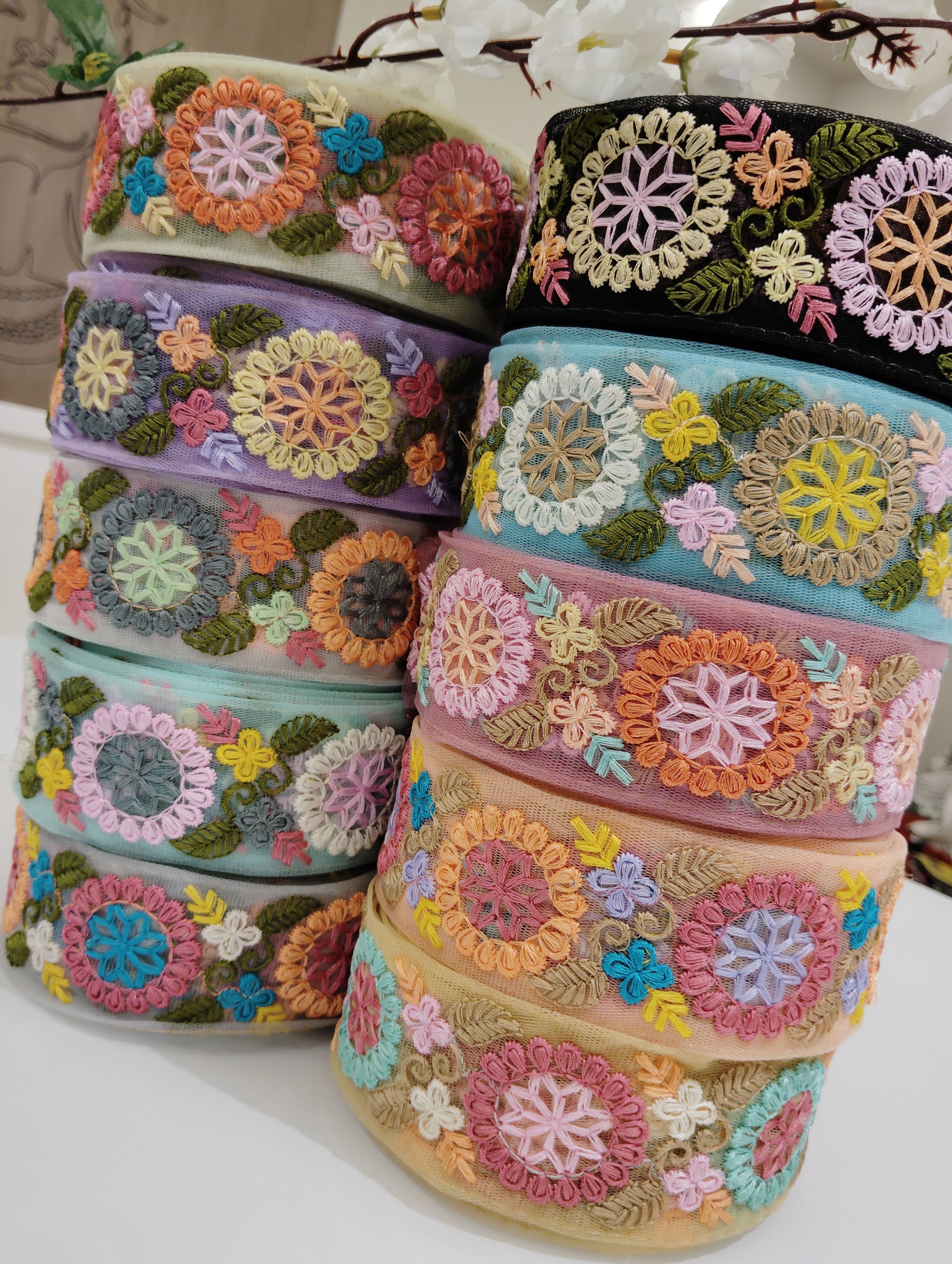 Multicolor Floral Embroidered Net Trim