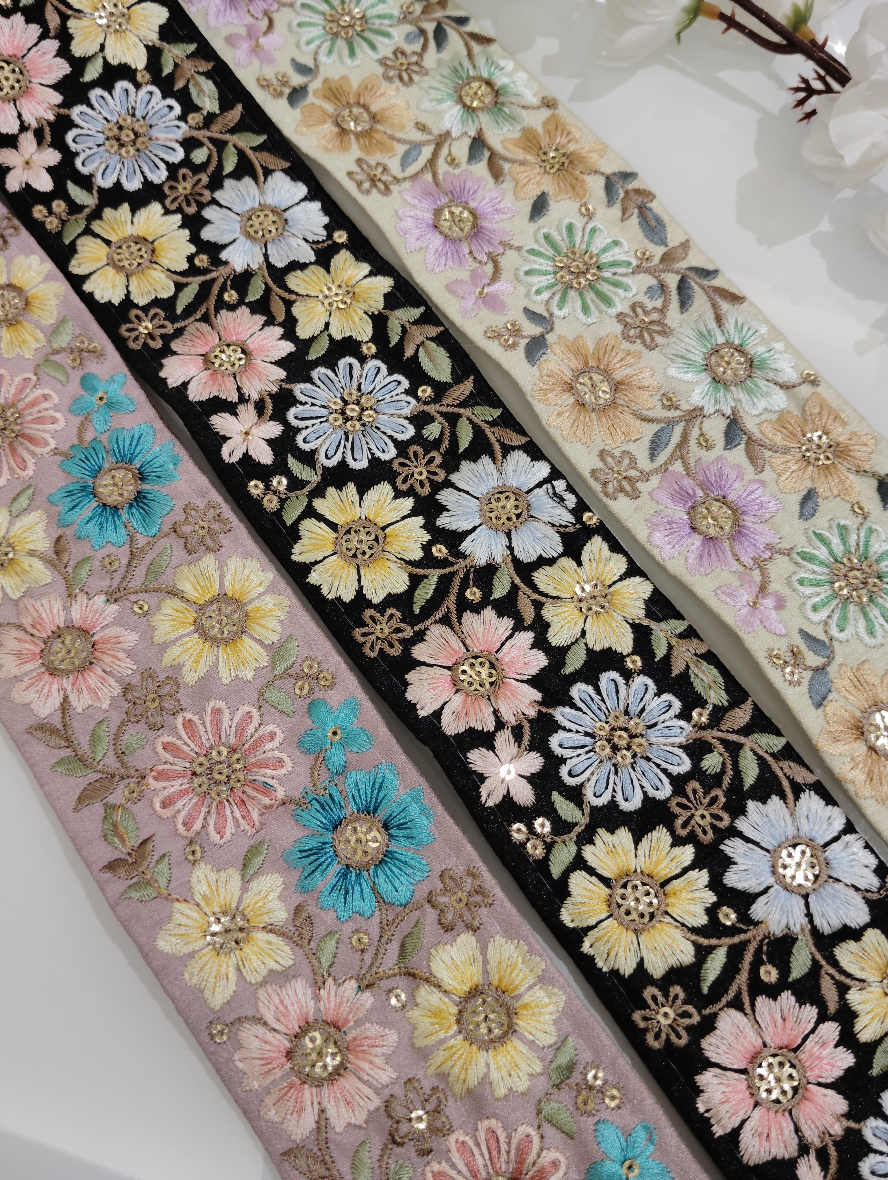 Floral Embroidered Silk Trim with Sequin