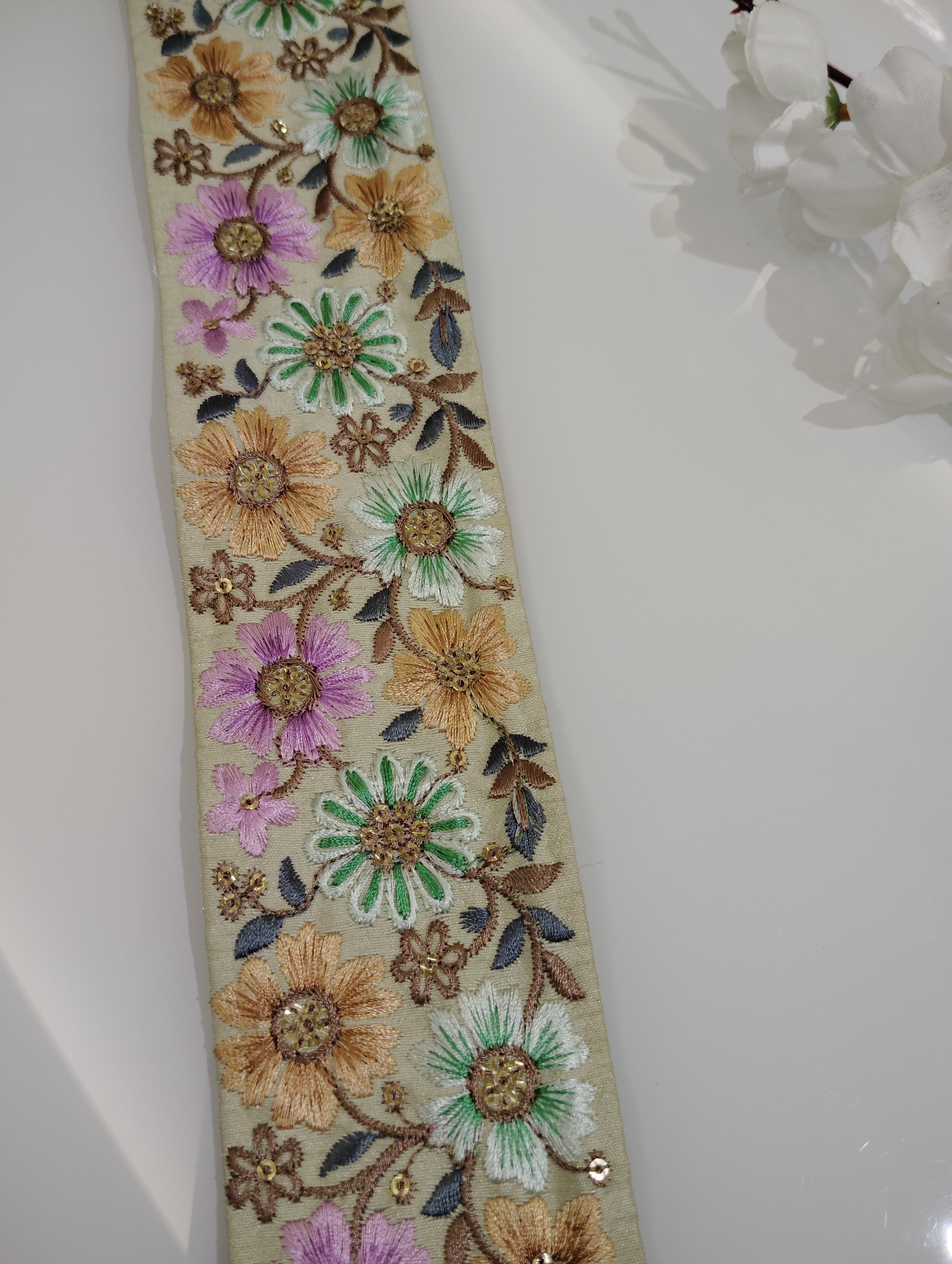 Floral Embroidered Silk Trim with Sequin