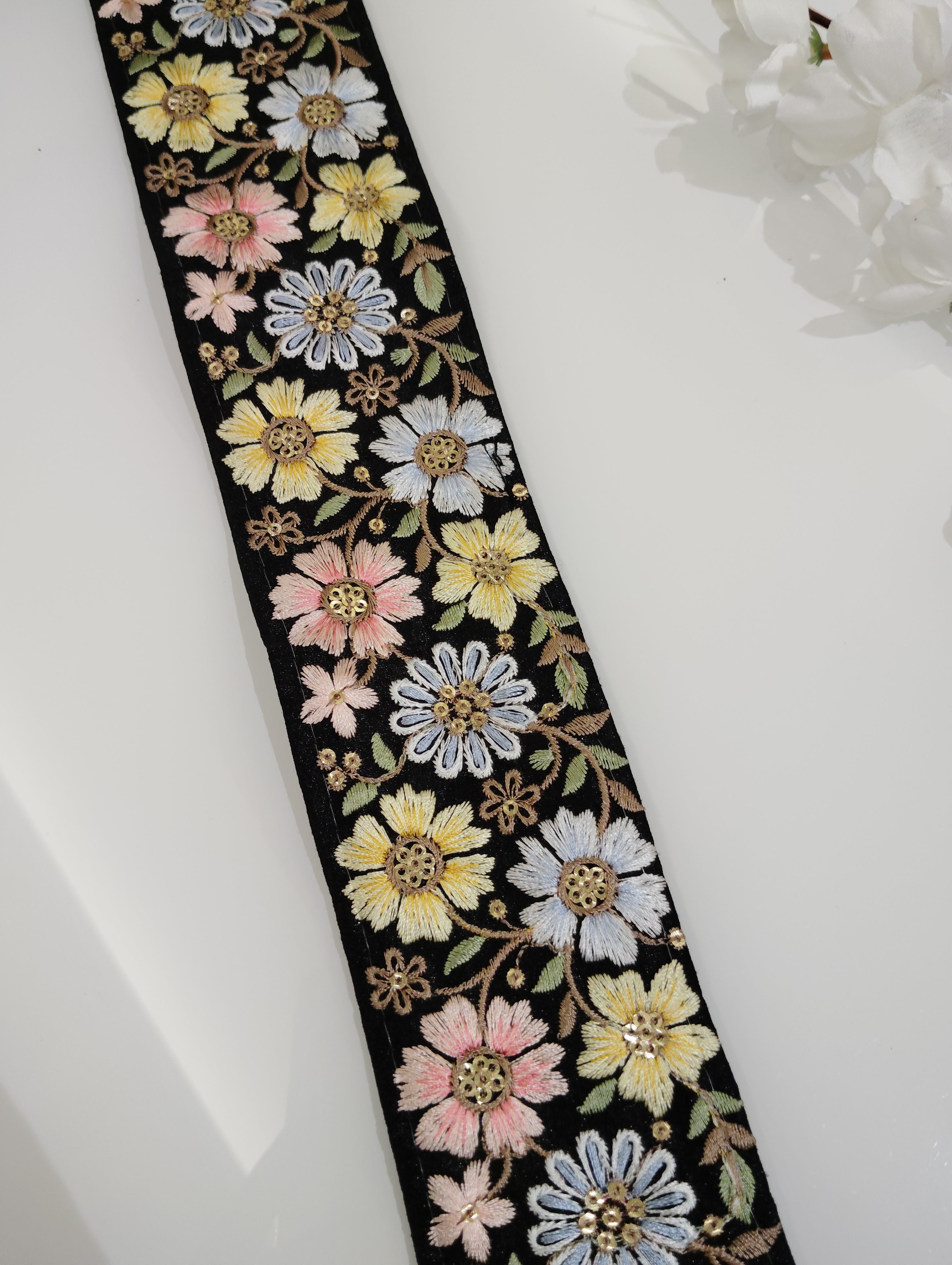 Floral Embroidered Silk Trim with Sequin