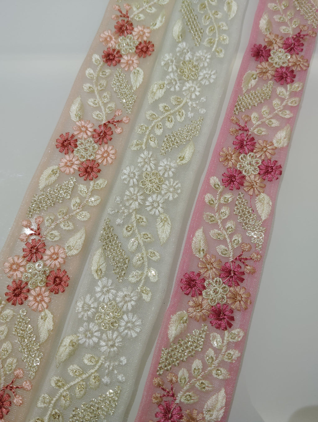 Pastel Floral Tulle Lace Trim with Shimmering Sequins