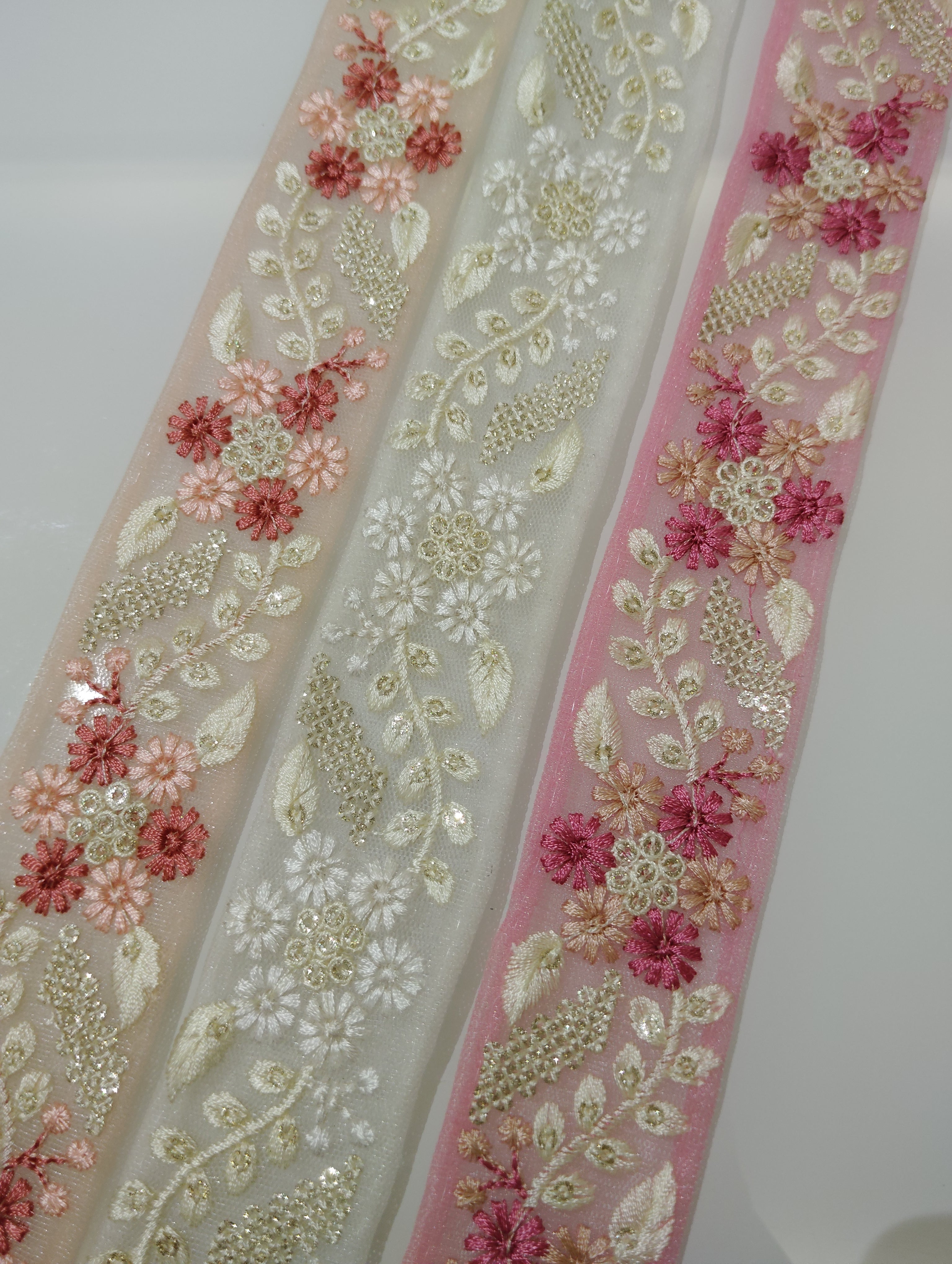 Pastel Floral Tulle Lace Trim with Shimmering Sequins
