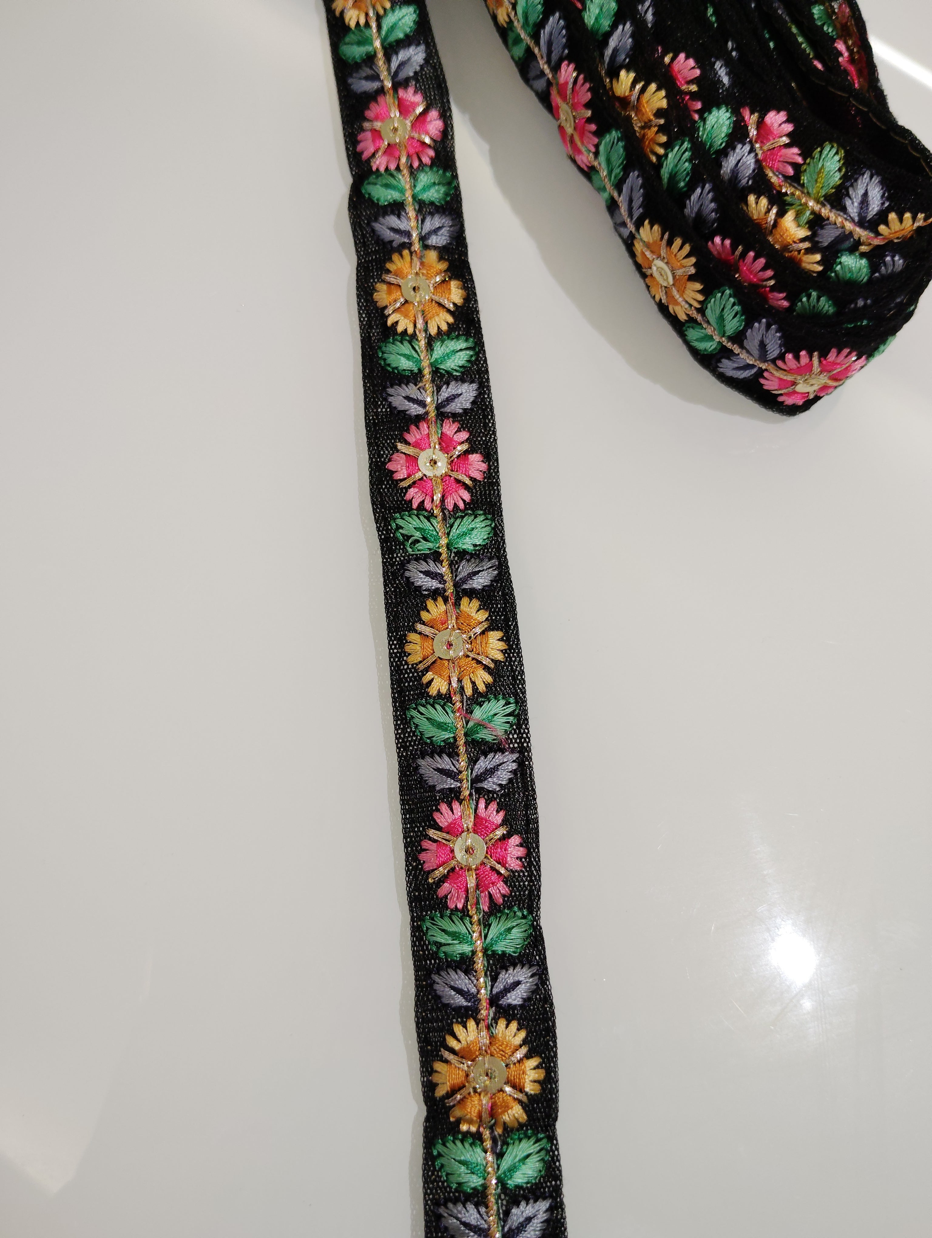 Floral Embroidered Lace Trim with Sequins