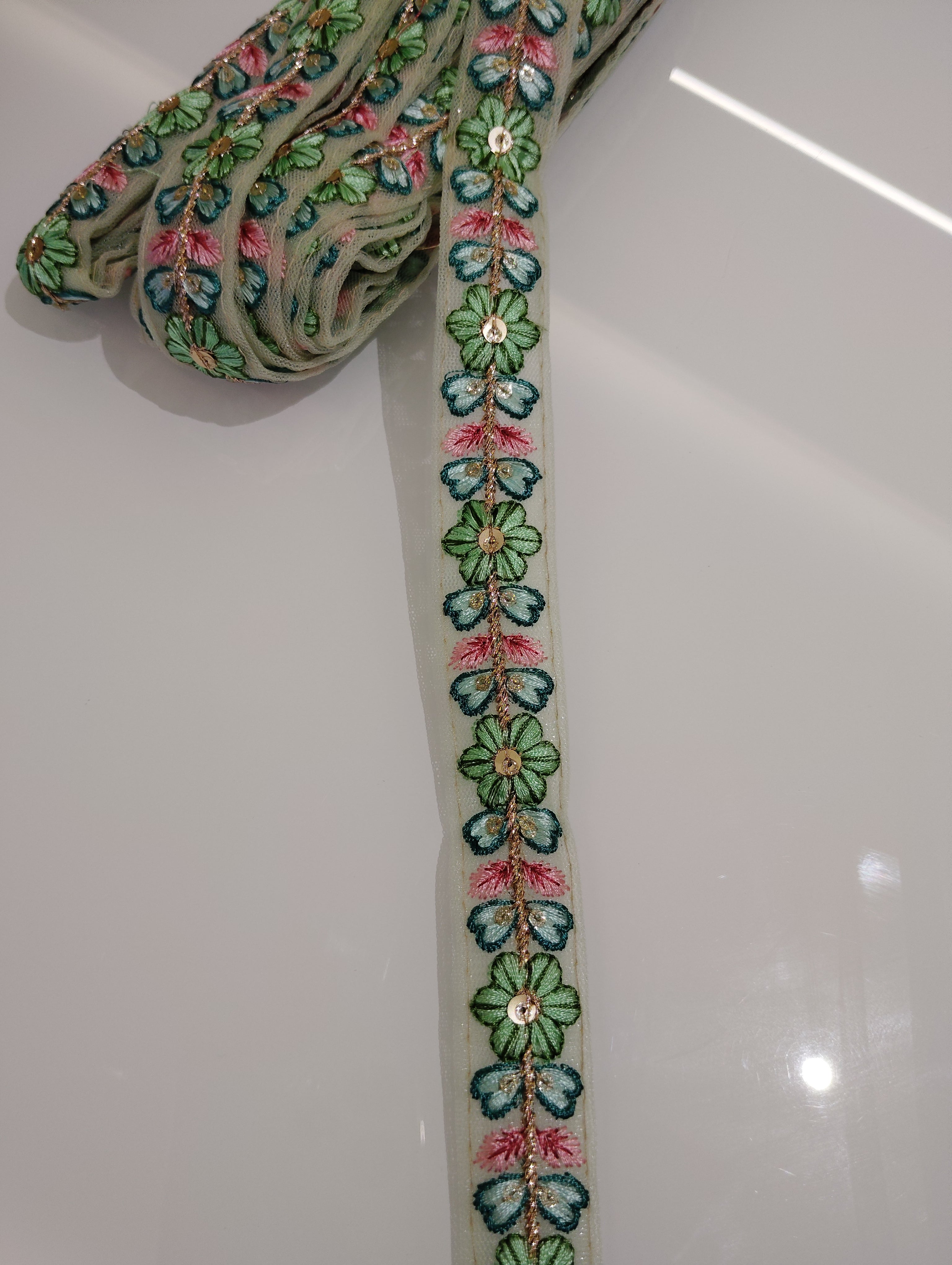 Floral Embroidered Lace Trim with Sequins