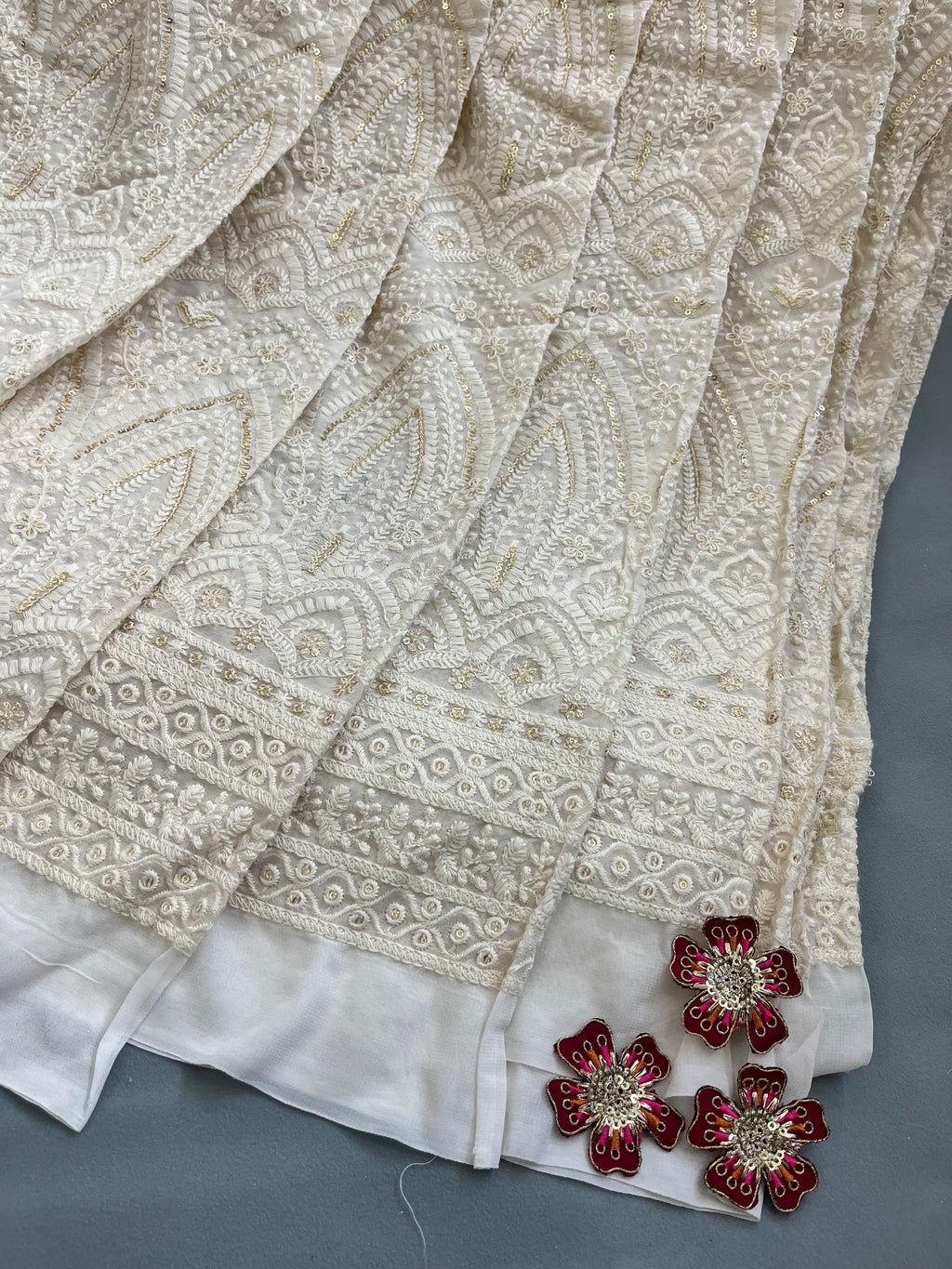 Premium Off-White Georgette Chikankari Fabric with Intricate Sequin Work