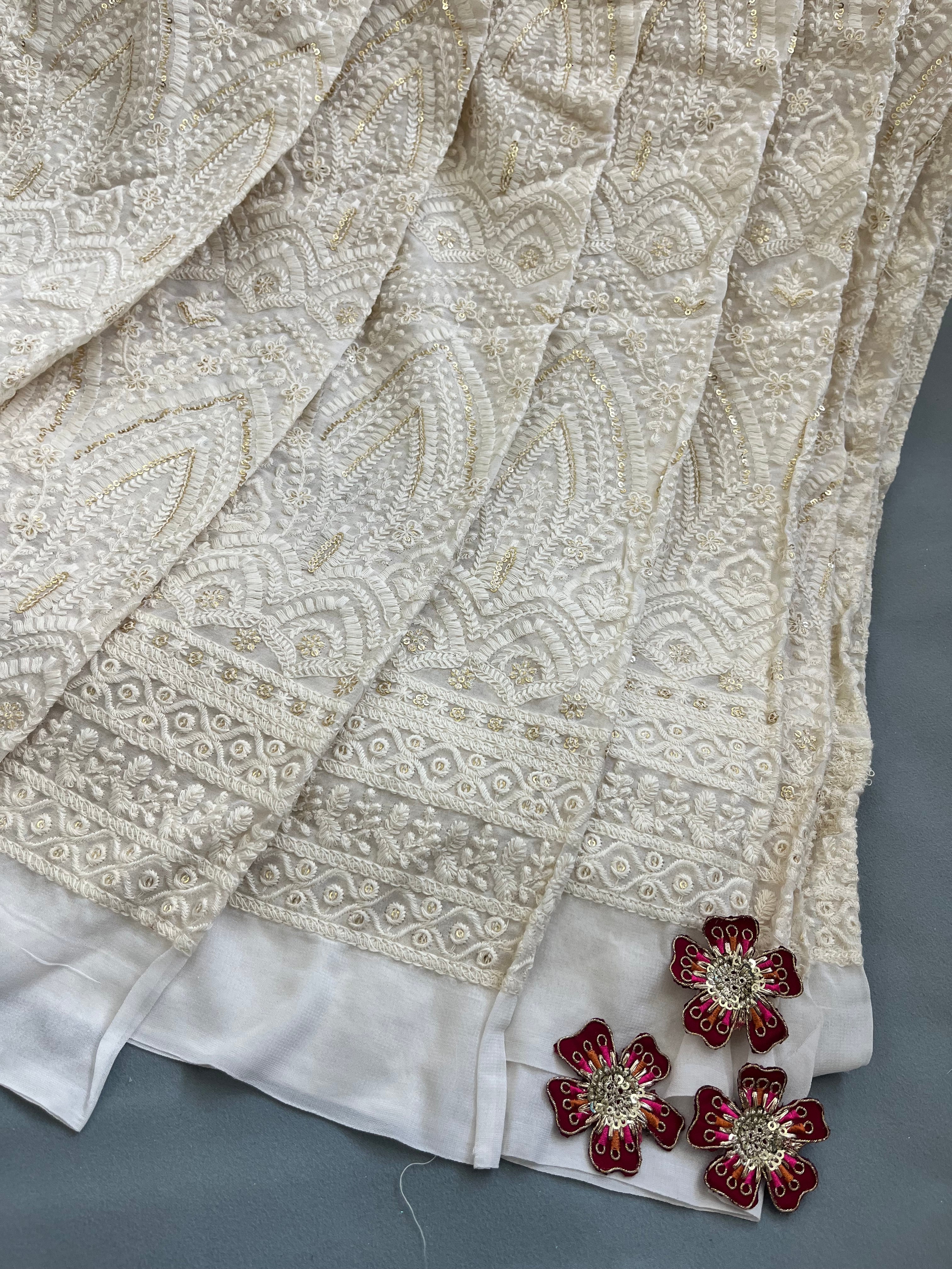 Premium Off-White Georgette Chikankari Fabric with Intricate Sequin Work