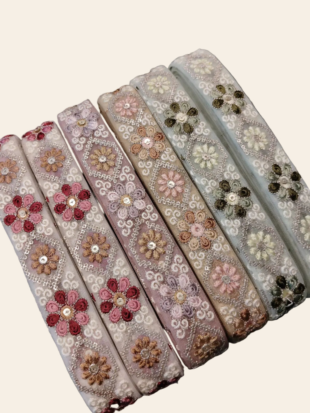 Floral Embroidered Tulle Lace Trim with Sequin Accents