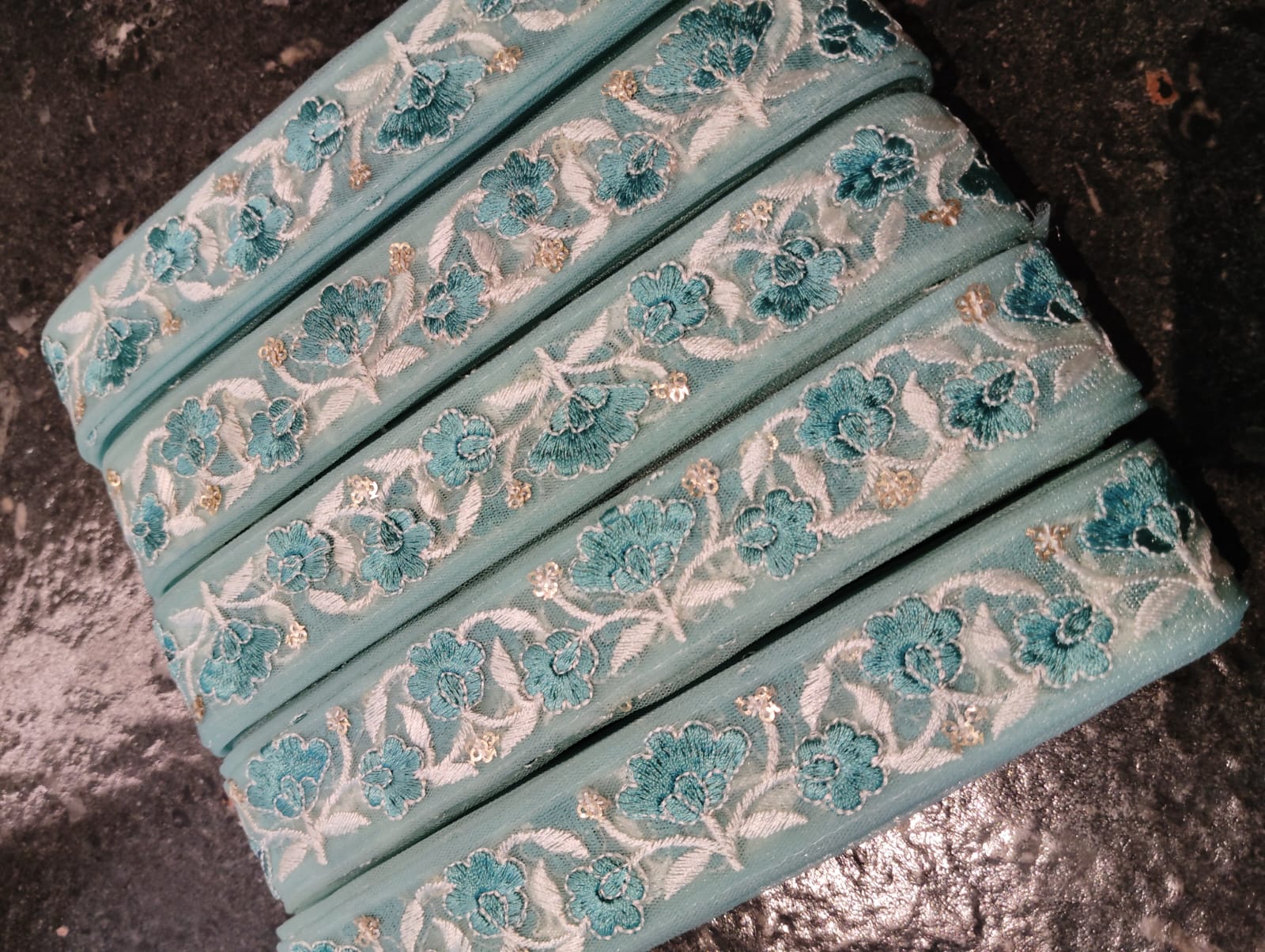 Intricate Resham Floral Lace Border on Soft Aqua Net