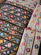 Multicolor Floral Embroidered Trim with Gold Sequin Accents – Boho Style Decorative Border