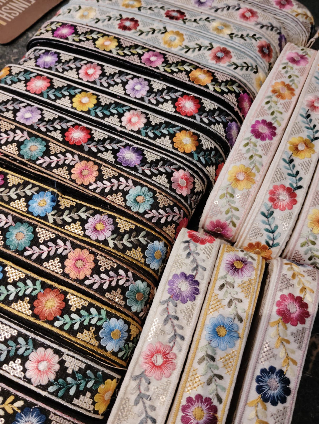 Multicolor Floral Embroidered Trim with Gold Sequin Accents – Boho Style Decorative Border
